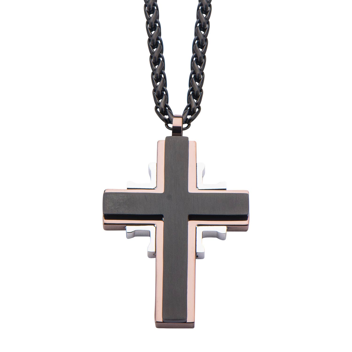 Black IP Rose Gold IP and Stainless Steel Tri-tone Layered Cross Pendant with Chain Morin Jewelers Southbridge, MA