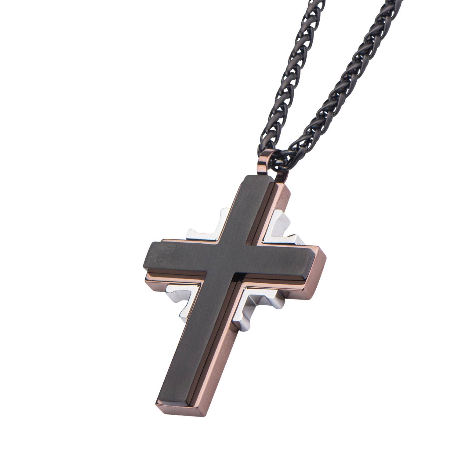 Black IP Rose Gold IP and Stainless Steel Tri-tone Layered Cross Pendant with Chain Image 2 Ken Walker Jewelers Gig Harbor, WA