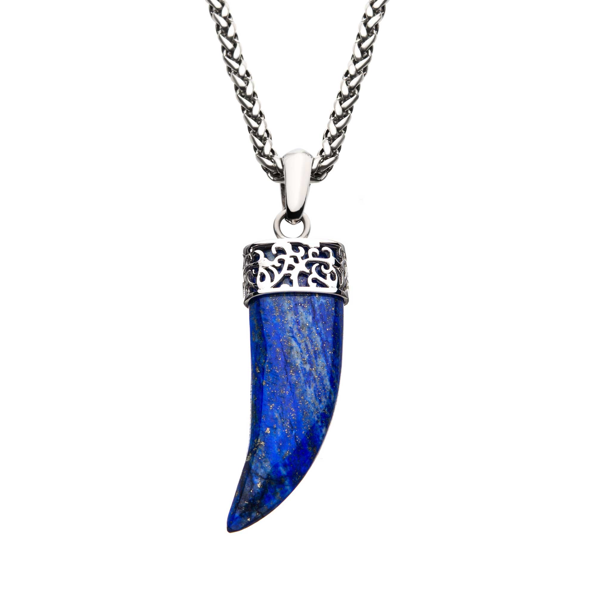 Stainless Steel with Lapis Lazuli Stone Horn Pendant, with Steel Wheat Chain Ken Walker Jewelers Gig Harbor, WA