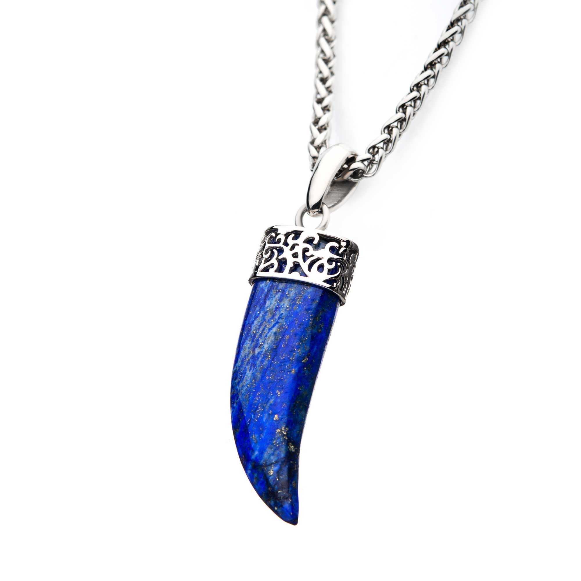 Stainless Steel with Lapis Lazuli Stone Horn Pendant, with Steel Wheat Chain Image 2 Ken Walker Jewelers Gig Harbor, WA