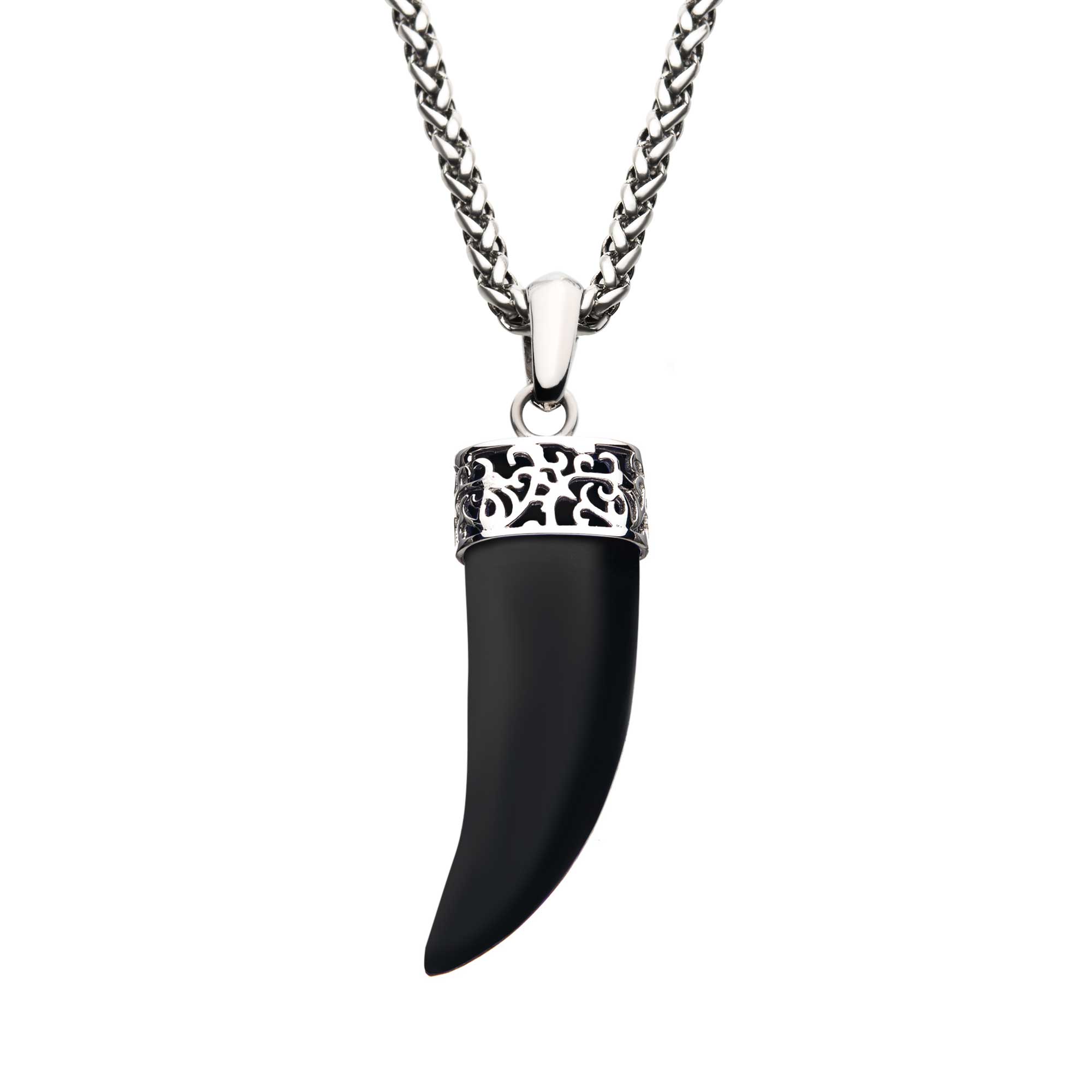 Stainless Steel with Black Agate Stone Horn Pendant, with Steel Wheat Chain Ken Walker Jewelers Gig Harbor, WA