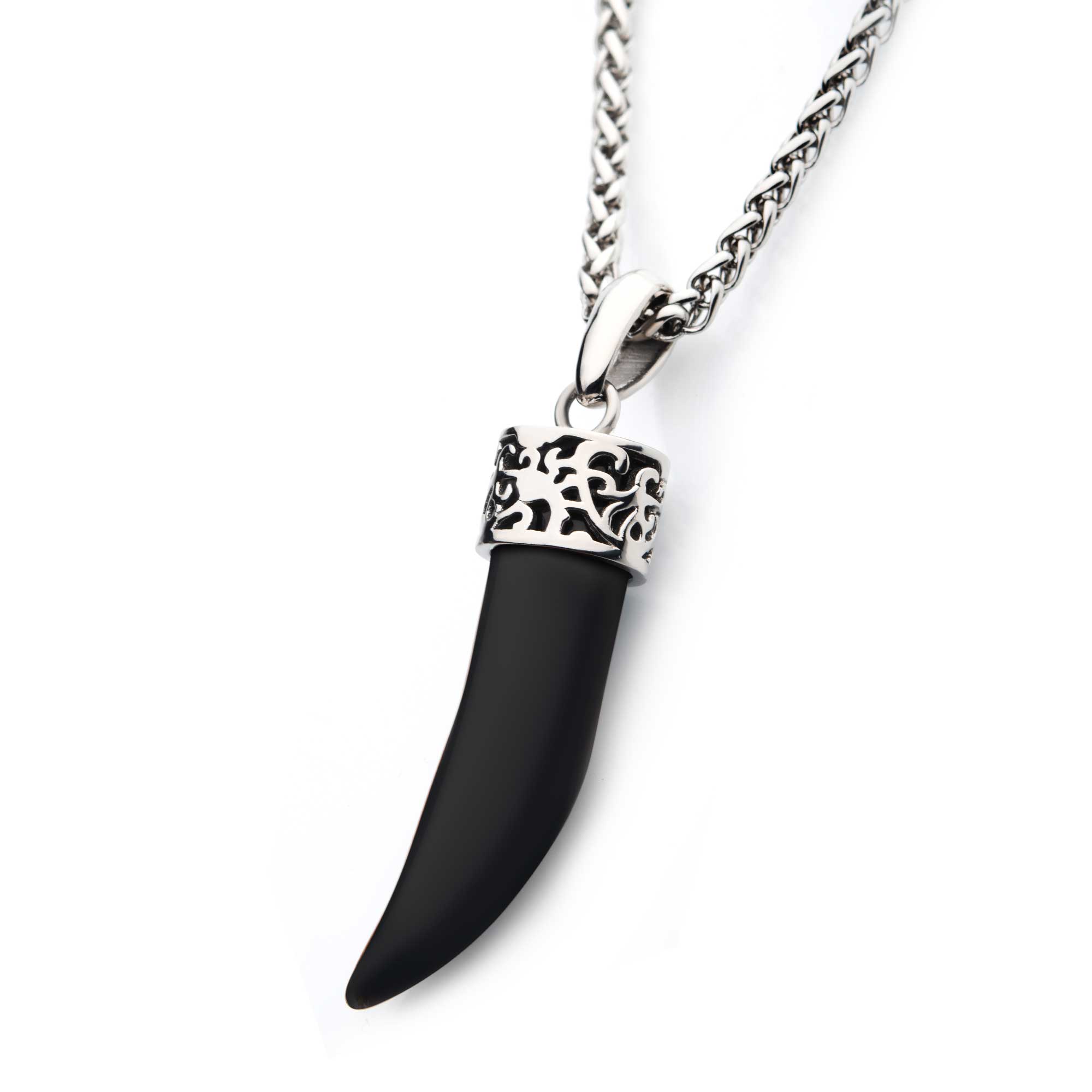 Stainless Steel with Black Agate Stone Horn Pendant, with Steel Wheat Chain Image 2 Enchanted Jewelry Plainfield, CT