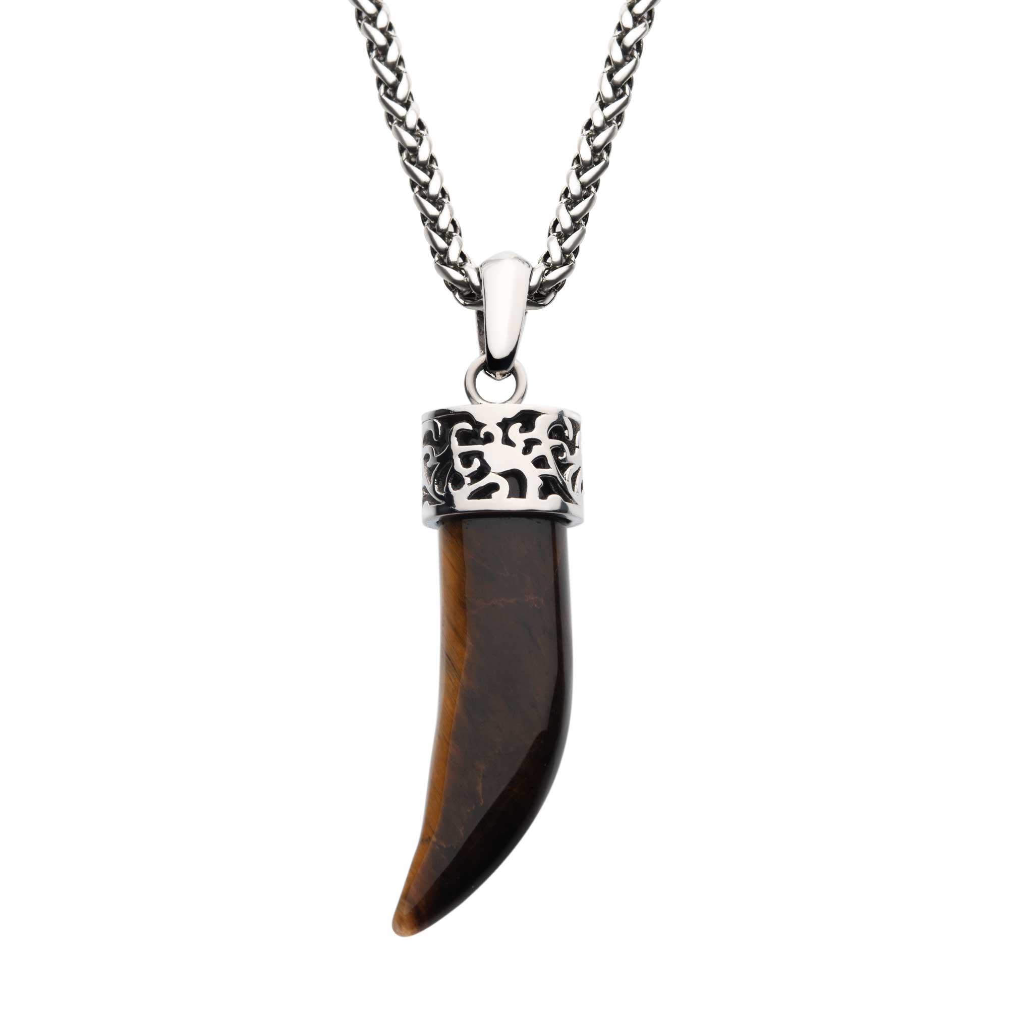 Stainless Steel with Tiger Eye Stone Horn Pendant, with Steel Wheat Chain Ken Walker Jewelers Gig Harbor, WA