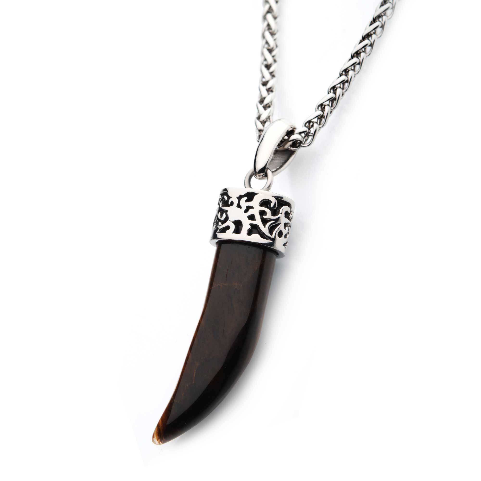Stainless Steel with Tiger Eye Stone Horn Pendant, with Steel Wheat Chain Image 2 Milano Jewelers Pembroke Pines, FL
