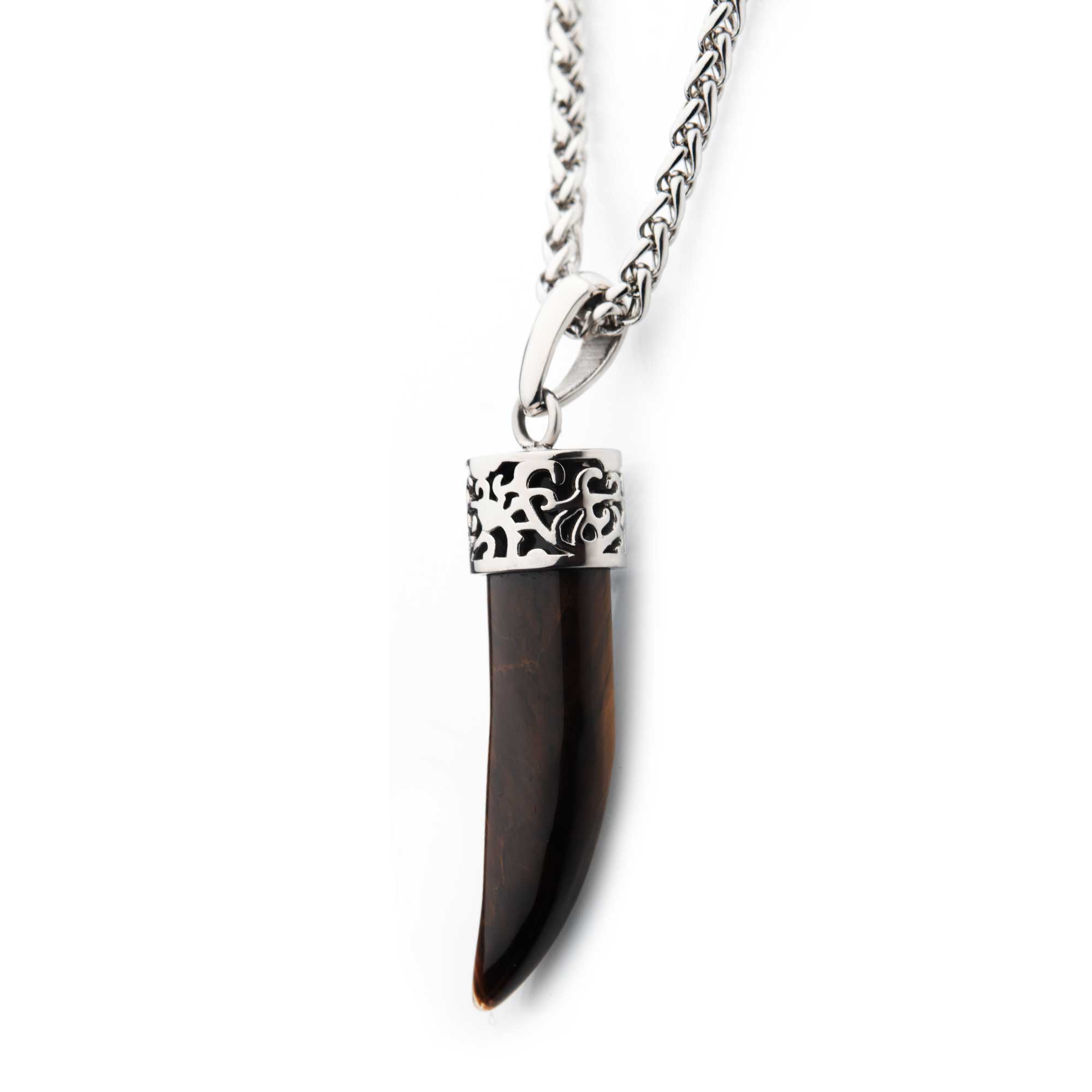 Stainless Steel with Tiger Eye Stone Horn Pendant, with Steel Wheat Chain Image 3 Thurber's Fine Jewelry Wadsworth, OH