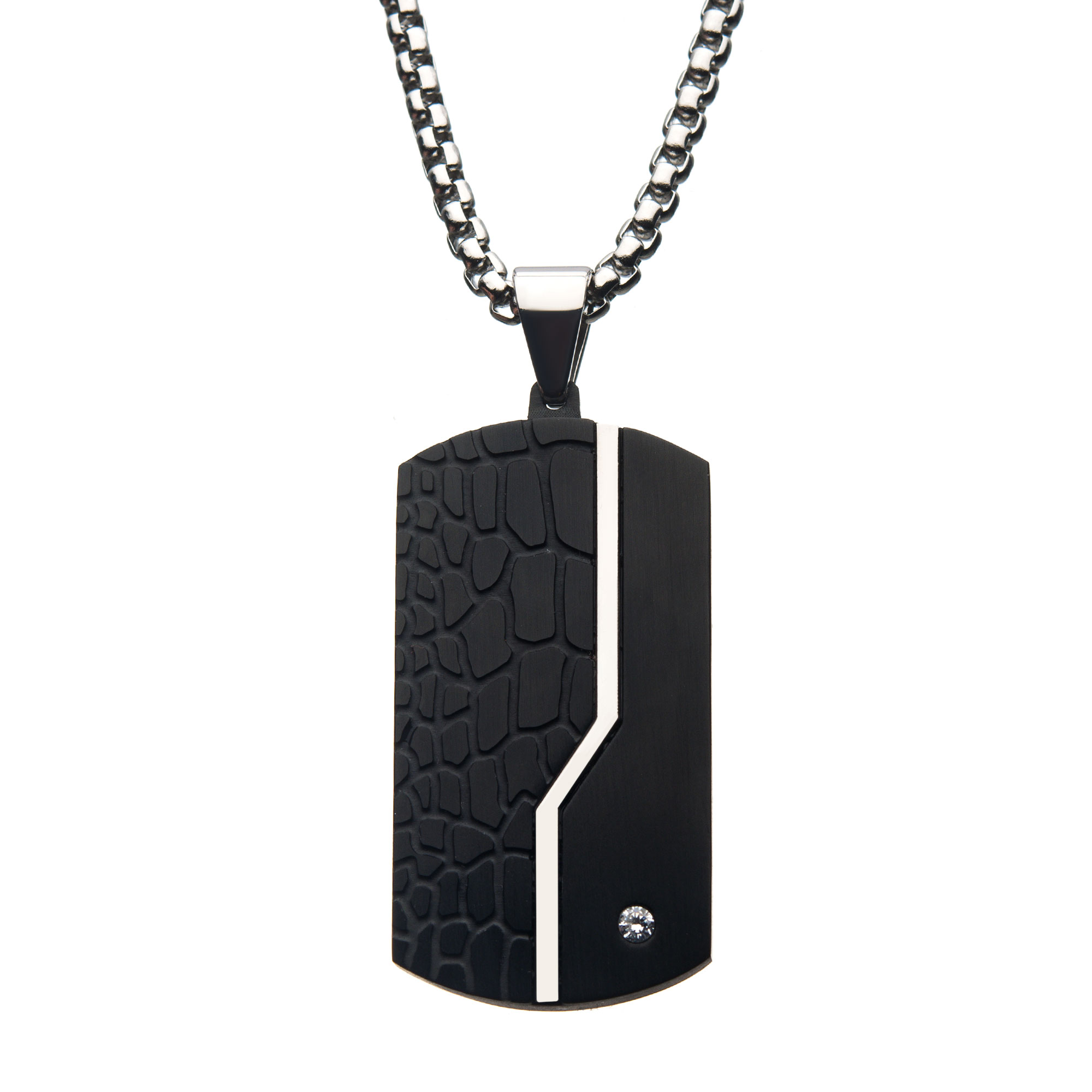 Stainless Steel Thin Line Crocodile Dog Tag Pendant with 2mm Clear CZ & Steel Chain Milano Jewelers Pembroke Pines, FL