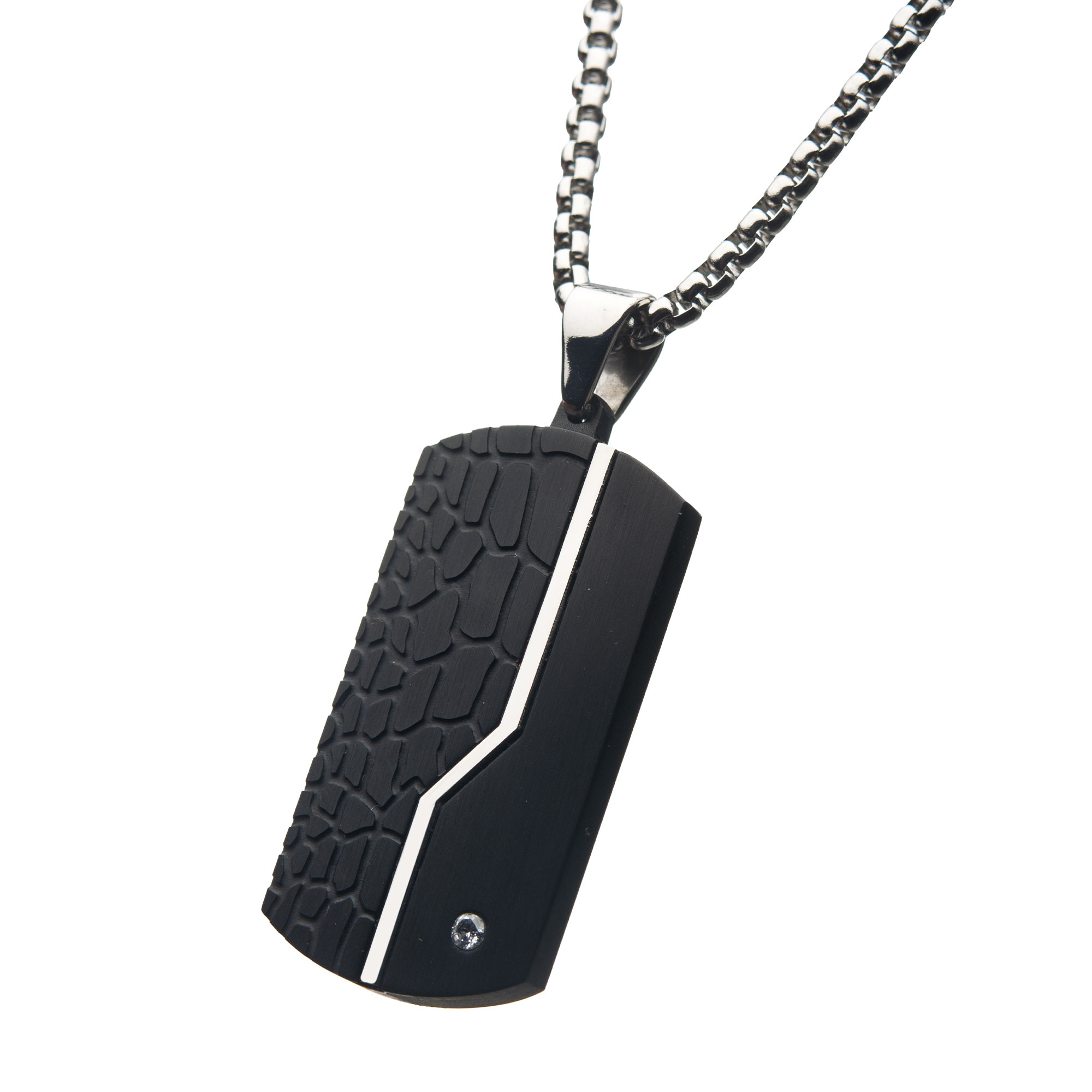 Stainless Steel Thin Line Crocodile Dog Tag Pendant with 2mm Clear CZ & Steel Chain Image 2 Midtown Diamonds Reno, NV