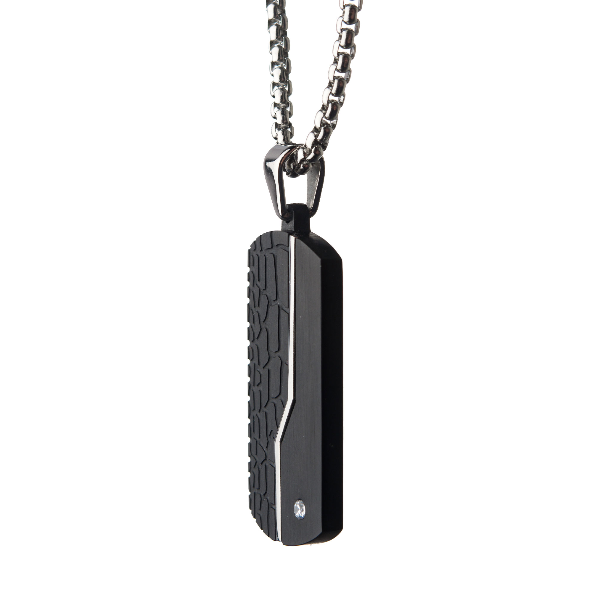 Stainless Steel Thin Line Crocodile Dog Tag Pendant with 2mm Clear CZ & Steel Chain Image 3 Ken Walker Jewelers Gig Harbor, WA