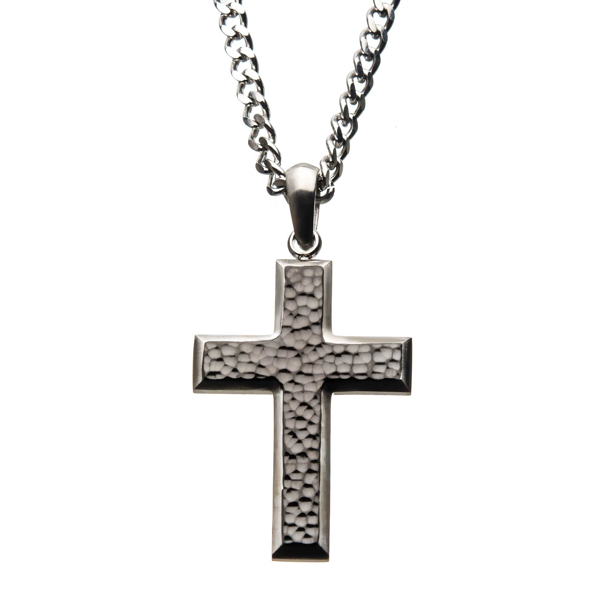 Stainless Steel Hammered Cross Pendant with Chain Ken Walker Jewelers Gig Harbor, WA
