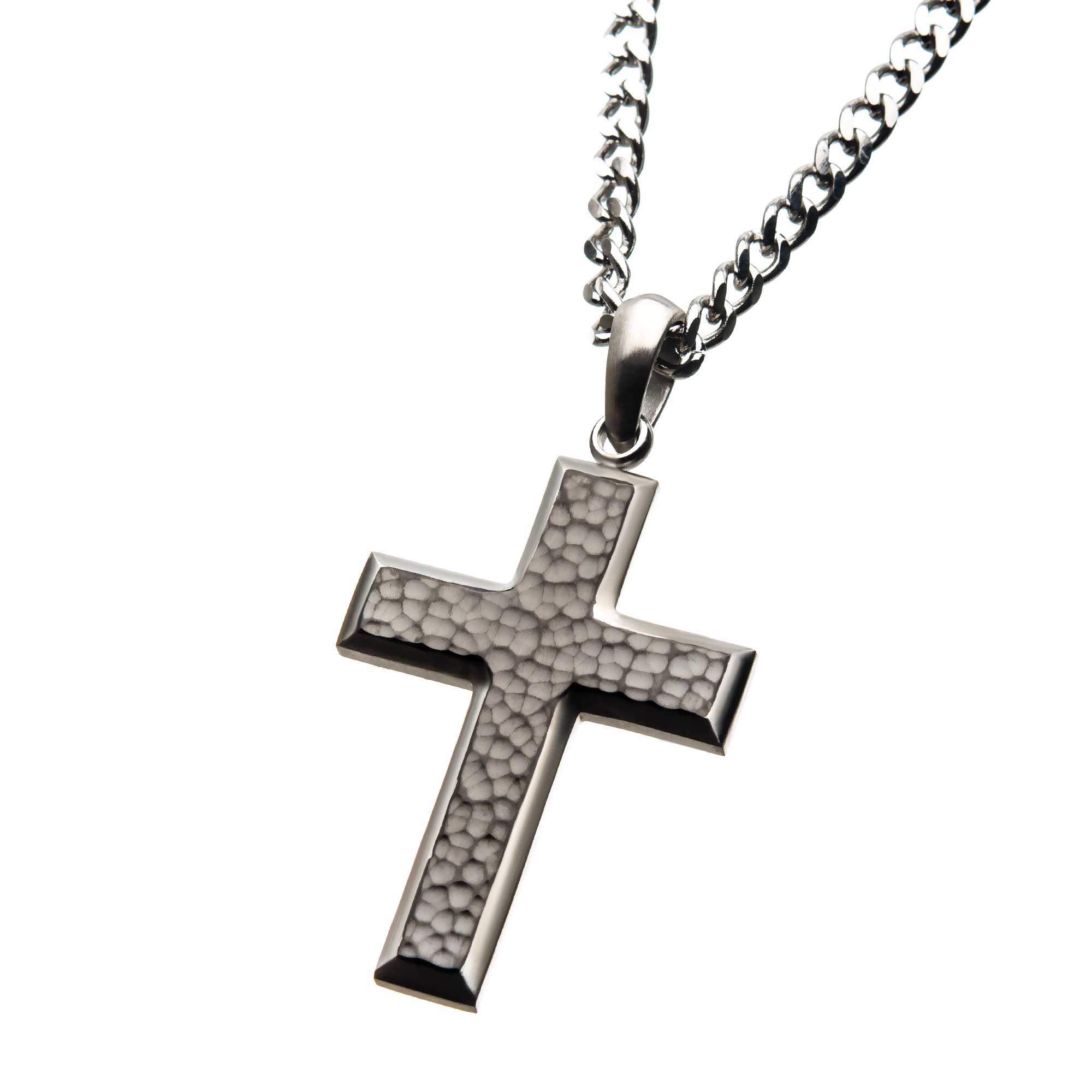 Stainless Steel Hammered Cross Pendant with Chain Image 2 Midtown Diamonds Reno, NV