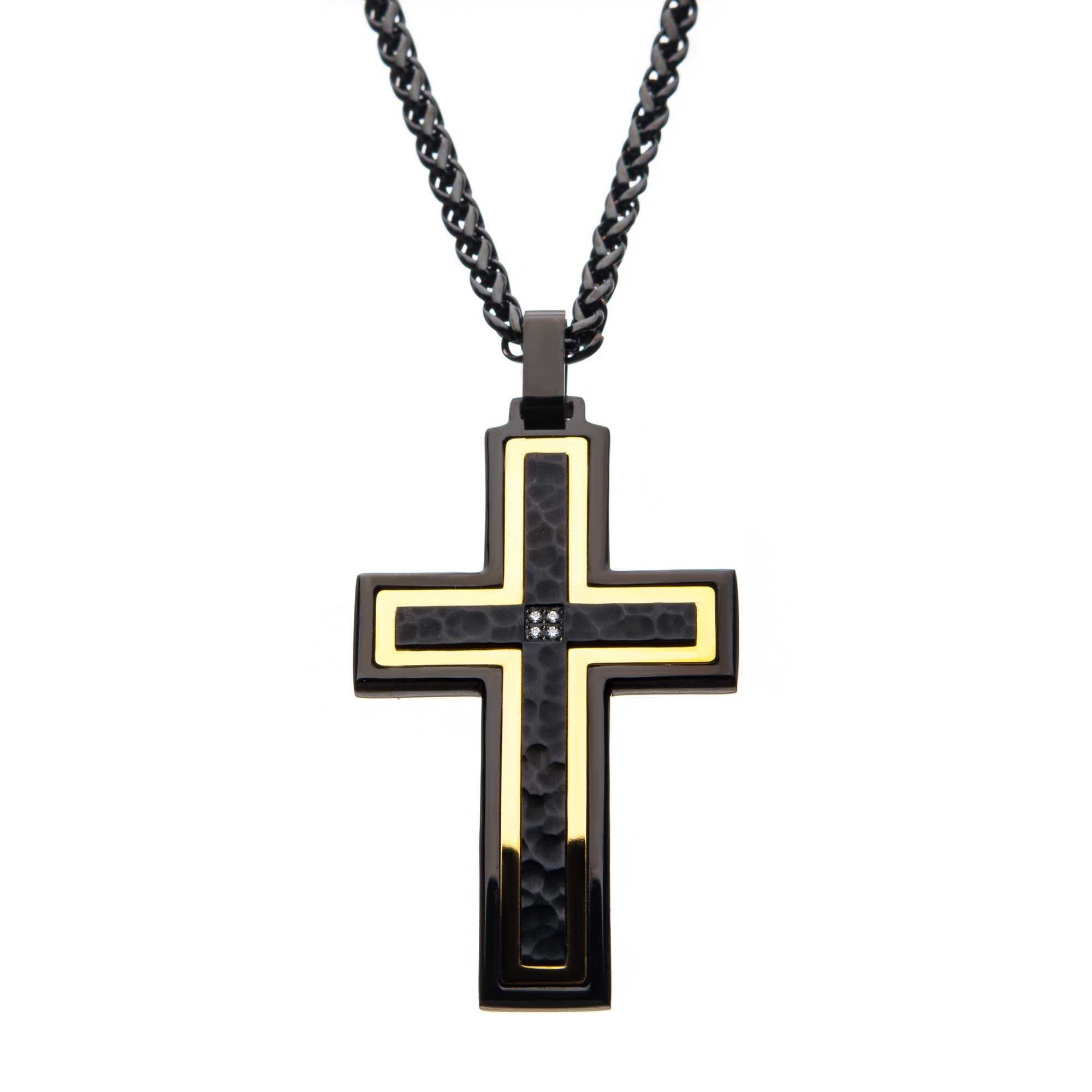 Hammered Black, Gold Plated Cross with CZ Stainless Steel Pendant Ken Walker Jewelers Gig Harbor, WA