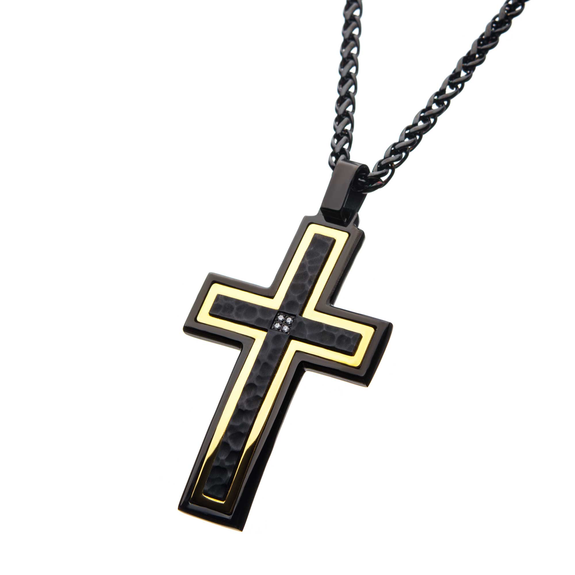Hammered Black, Gold Plated Cross with CZ Stainless Steel Pendant Image 2 Ken Walker Jewelers Gig Harbor, WA