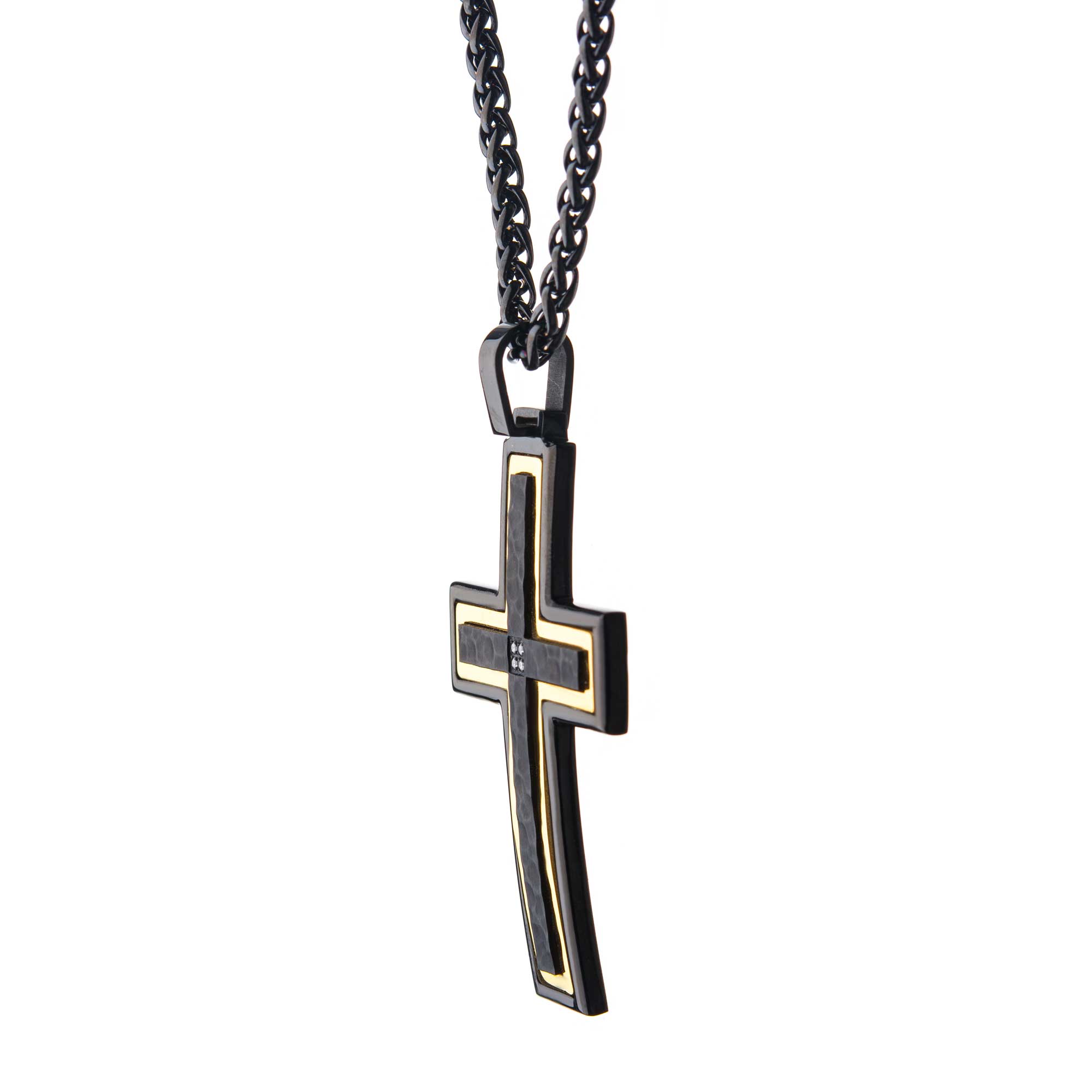 Hammered Black, Gold Plated Cross with CZ Stainless Steel Pendant Image 3 Lewis Jewelers, Inc. Ansonia, CT