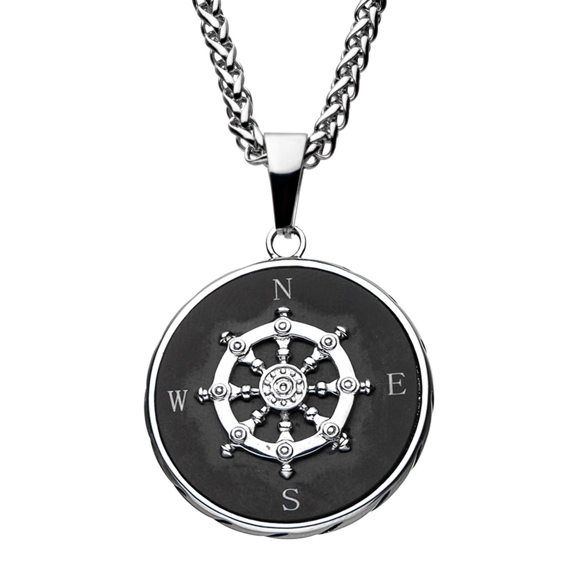 Stainless Steel Black Plated Ship's Wheel Compass Pendant with Chain Milano Jewelers Pembroke Pines, FL