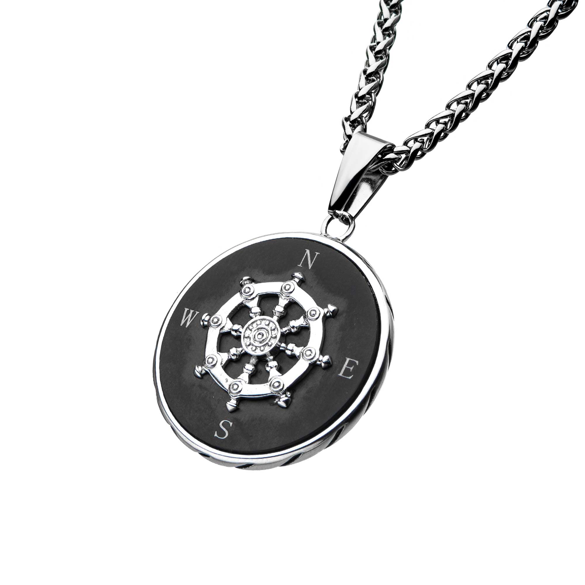 Stainless Steel Black Plated Ship's Wheel Compass Pendant with Chain Image 2 Milano Jewelers Pembroke Pines, FL