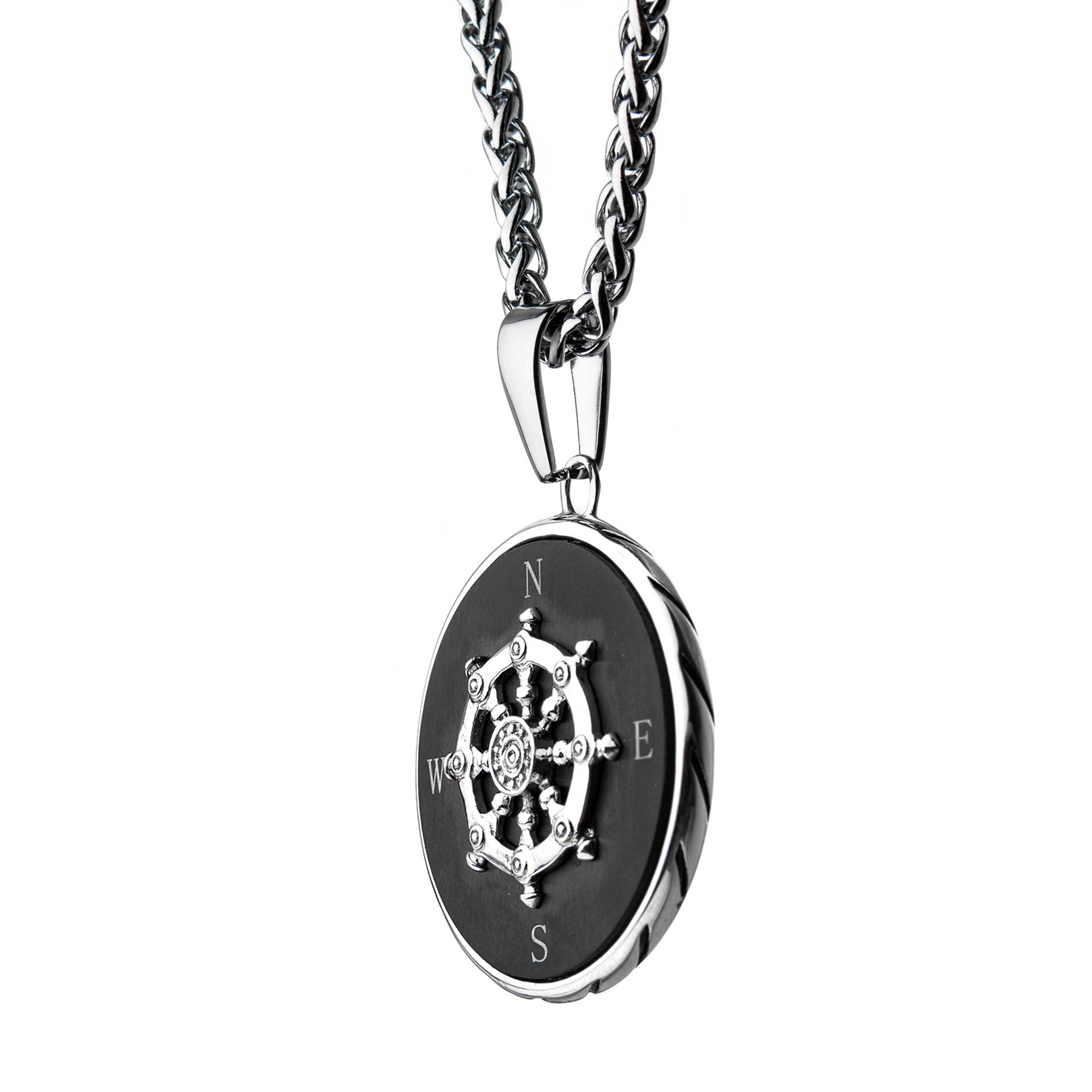 Stainless Steel Black Plated Ship's Wheel Compass Pendant with Chain Image 3 Milano Jewelers Pembroke Pines, FL