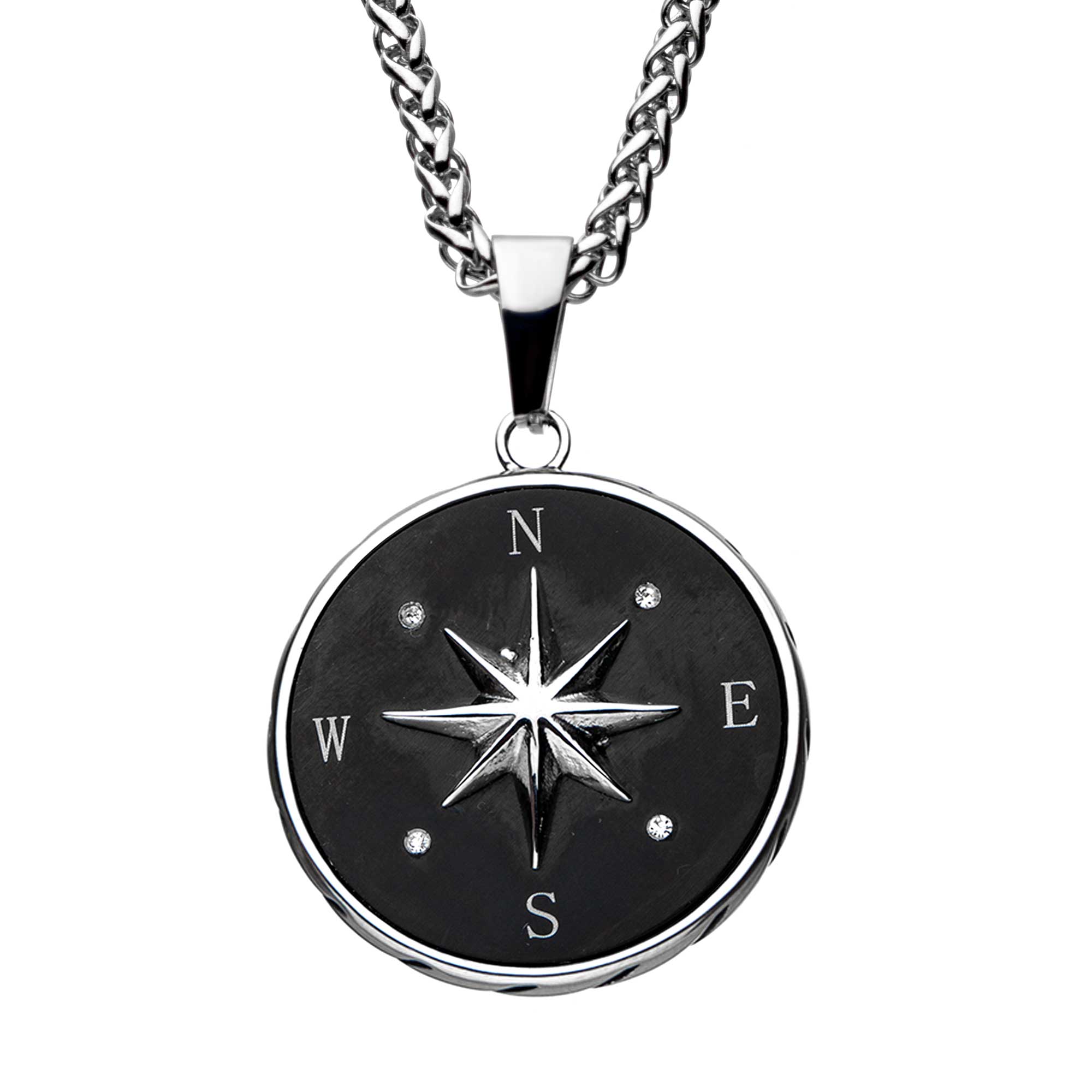 Stainless Steel and Black Plated Compass Pendant with Chain Midtown Diamonds Reno, NV
