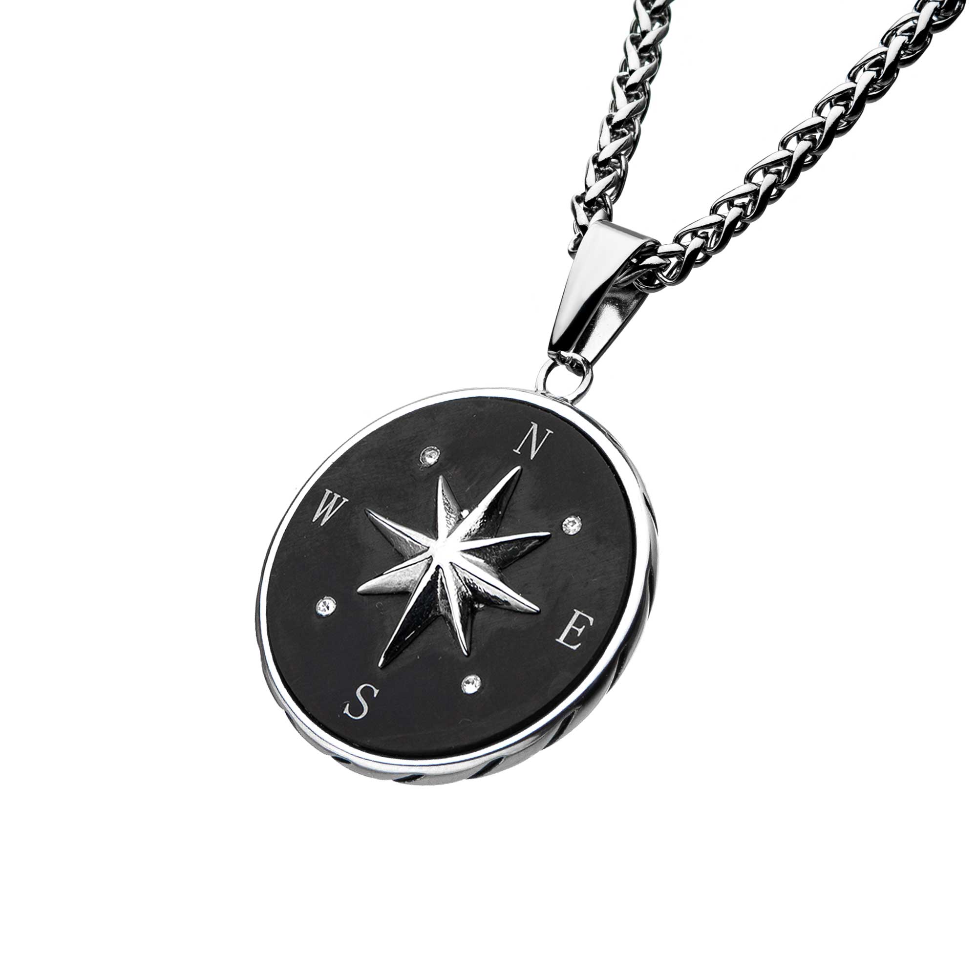 Stainless Steel and Black Plated Compass Pendant with Chain Image 2 P.K. Bennett Jewelers Mundelein, IL
