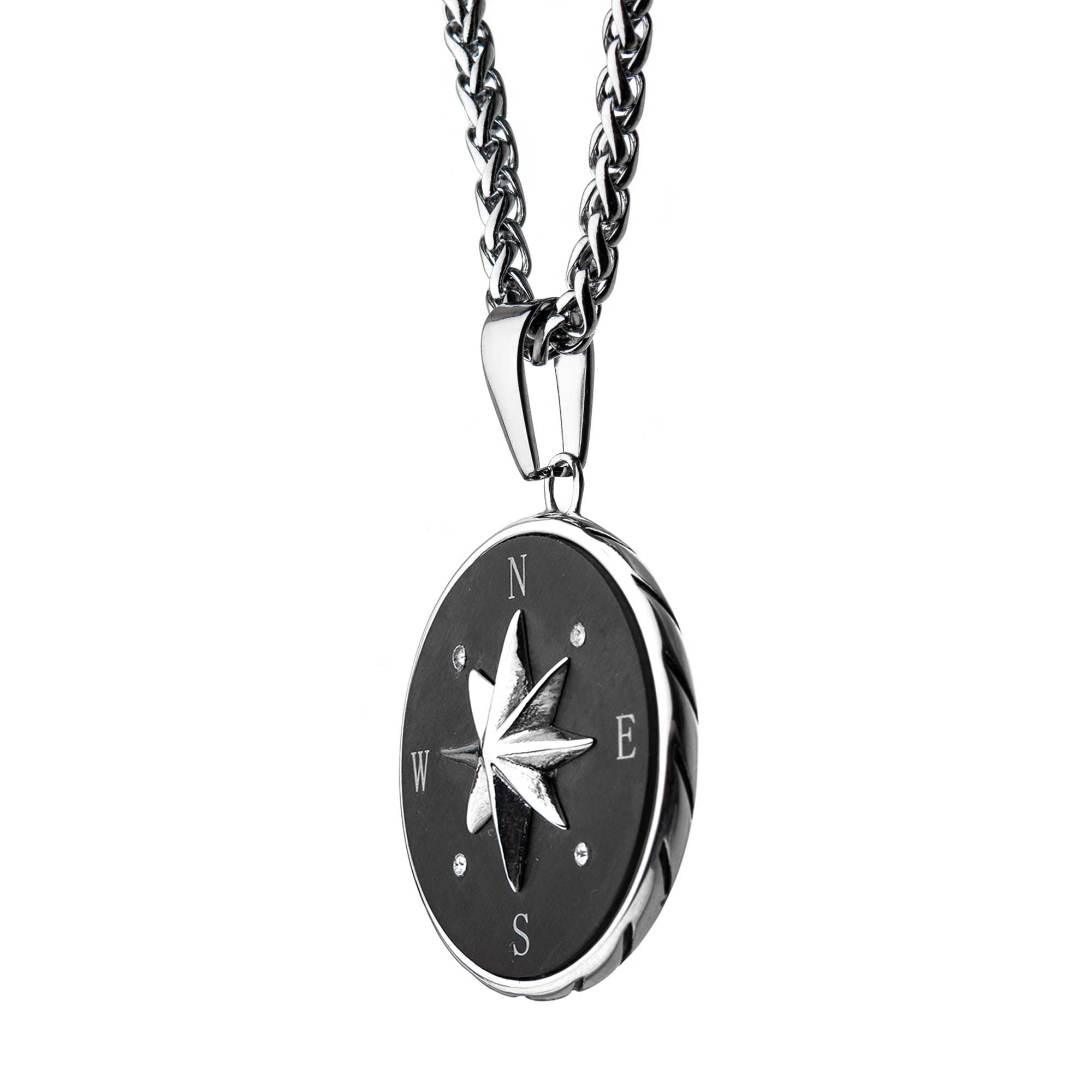 Stainless Steel and Black Plated Compass Pendant with Chain Image 3 Ken Walker Jewelers Gig Harbor, WA