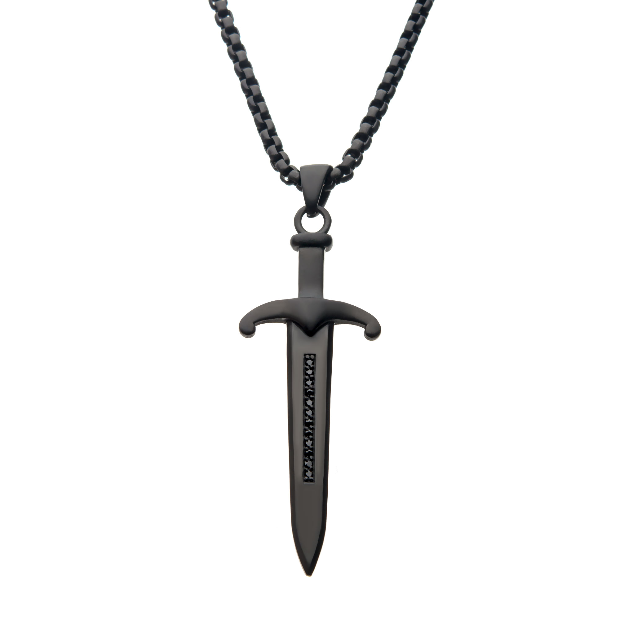 Steel Black Plated Sword Pendant with Black Bold Box Chain Milano Jewelers Pembroke Pines, FL