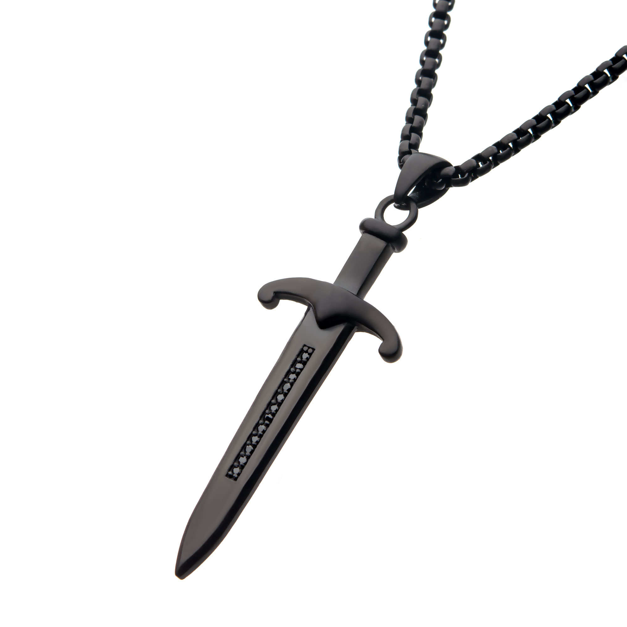 Steel Black Plated Sword Pendant with Black Bold Box Chain Image 2 Enchanted Jewelry Plainfield, CT