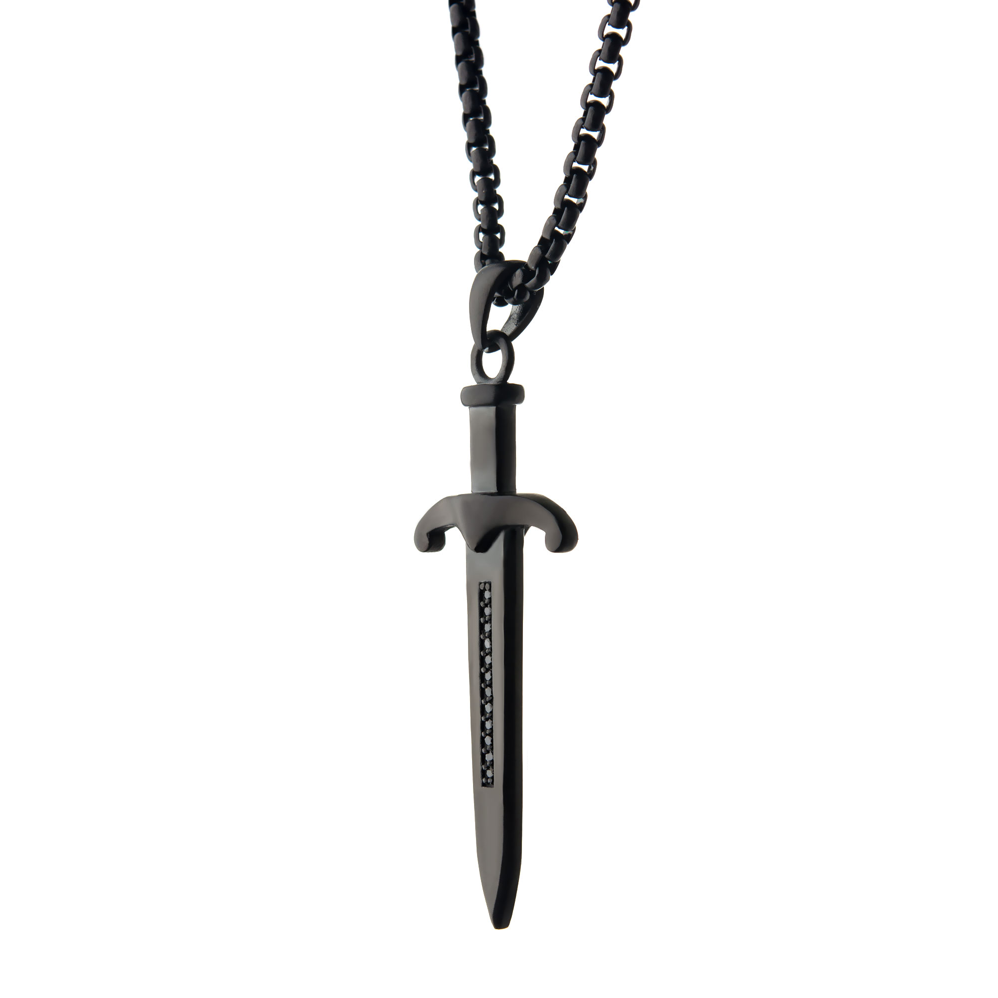 Steel Black Plated Sword Pendant with Black Bold Box Chain Image 3 Enchanted Jewelry Plainfield, CT