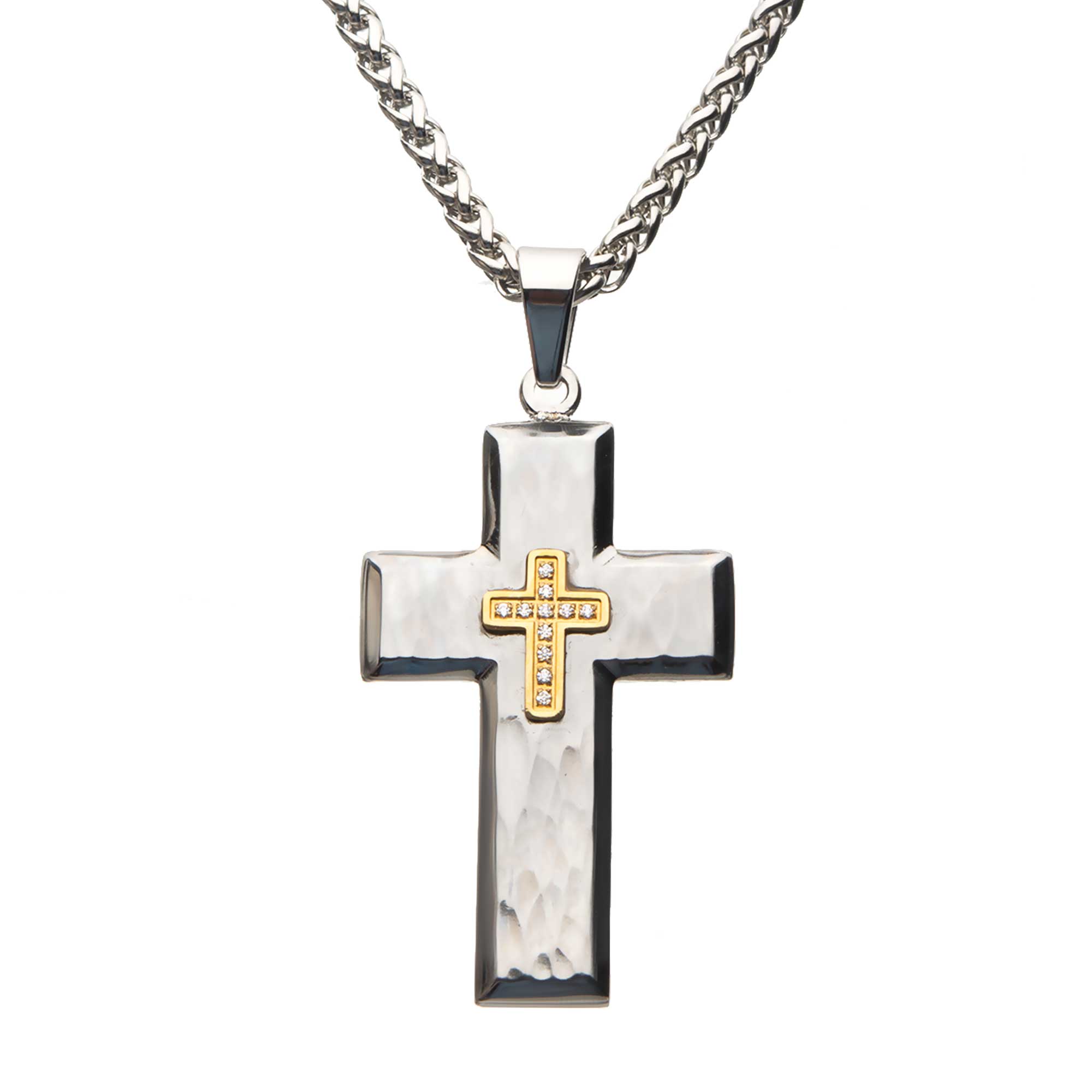 Gold Plated Cross with Clear CZs on Steel Hammered Cross Pendant with Wheat Chain Ken Walker Jewelers Gig Harbor, WA
