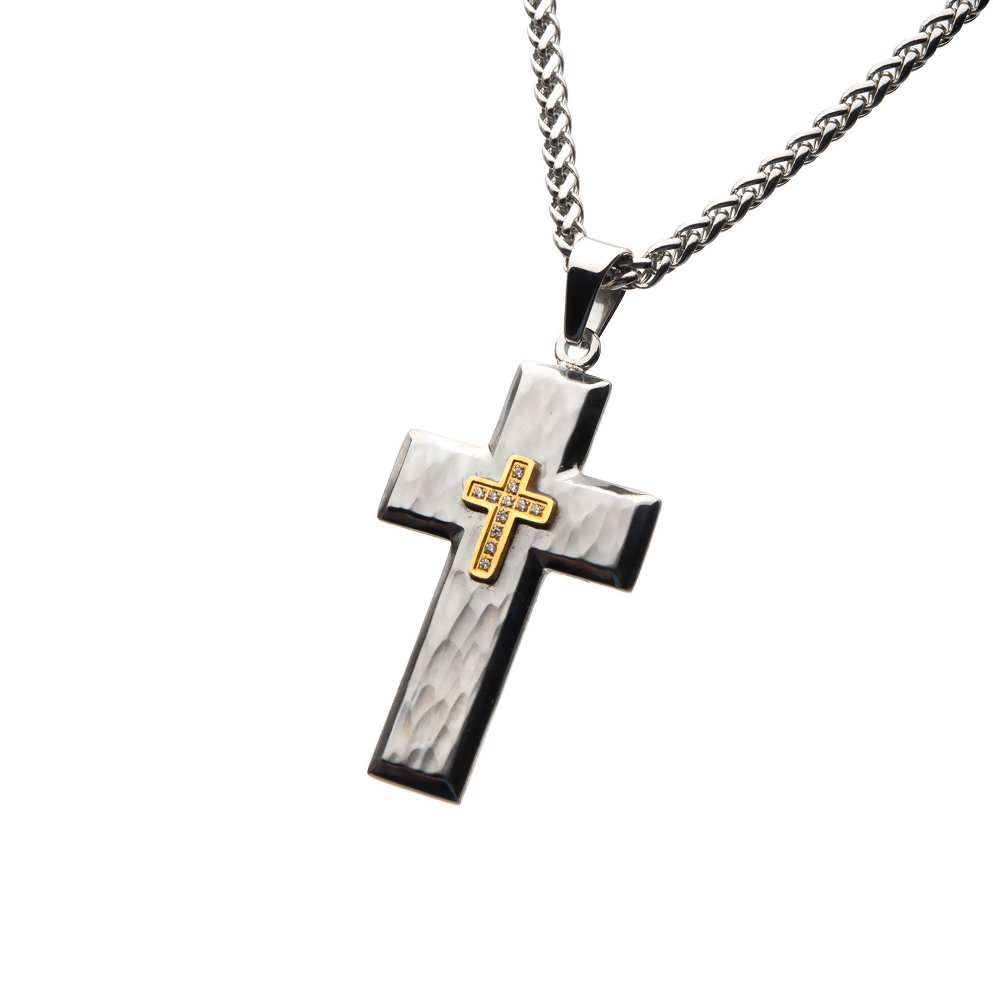 Gold Plated Cross with Clear CZs on Steel Hammered Cross Pendant with Wheat Chain Image 2 Midtown Diamonds Reno, NV
