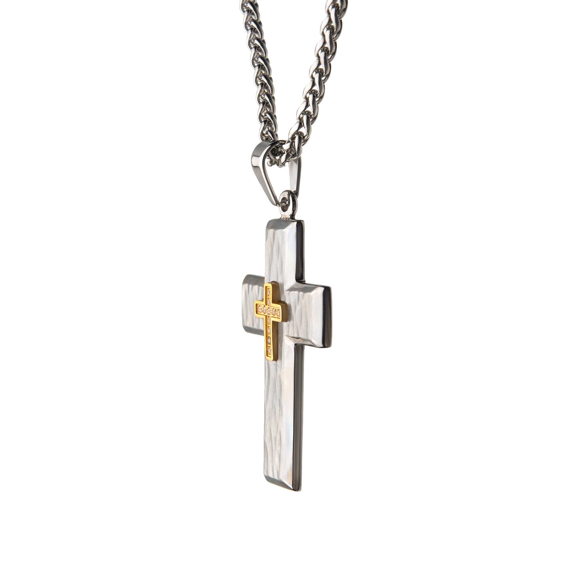 Gold Plated Cross with Clear CZs on Steel Hammered Cross Pendant with Wheat Chain Image 3 Morin Jewelers Southbridge, MA