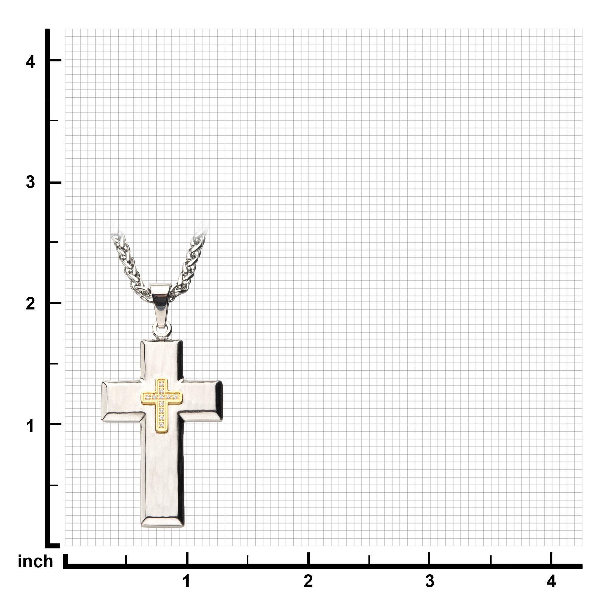 Gold Plated Cross with Clear CZs on Steel Hammered Cross Pendant with Wheat Chain Image 4 Milano Jewelers Pembroke Pines, FL