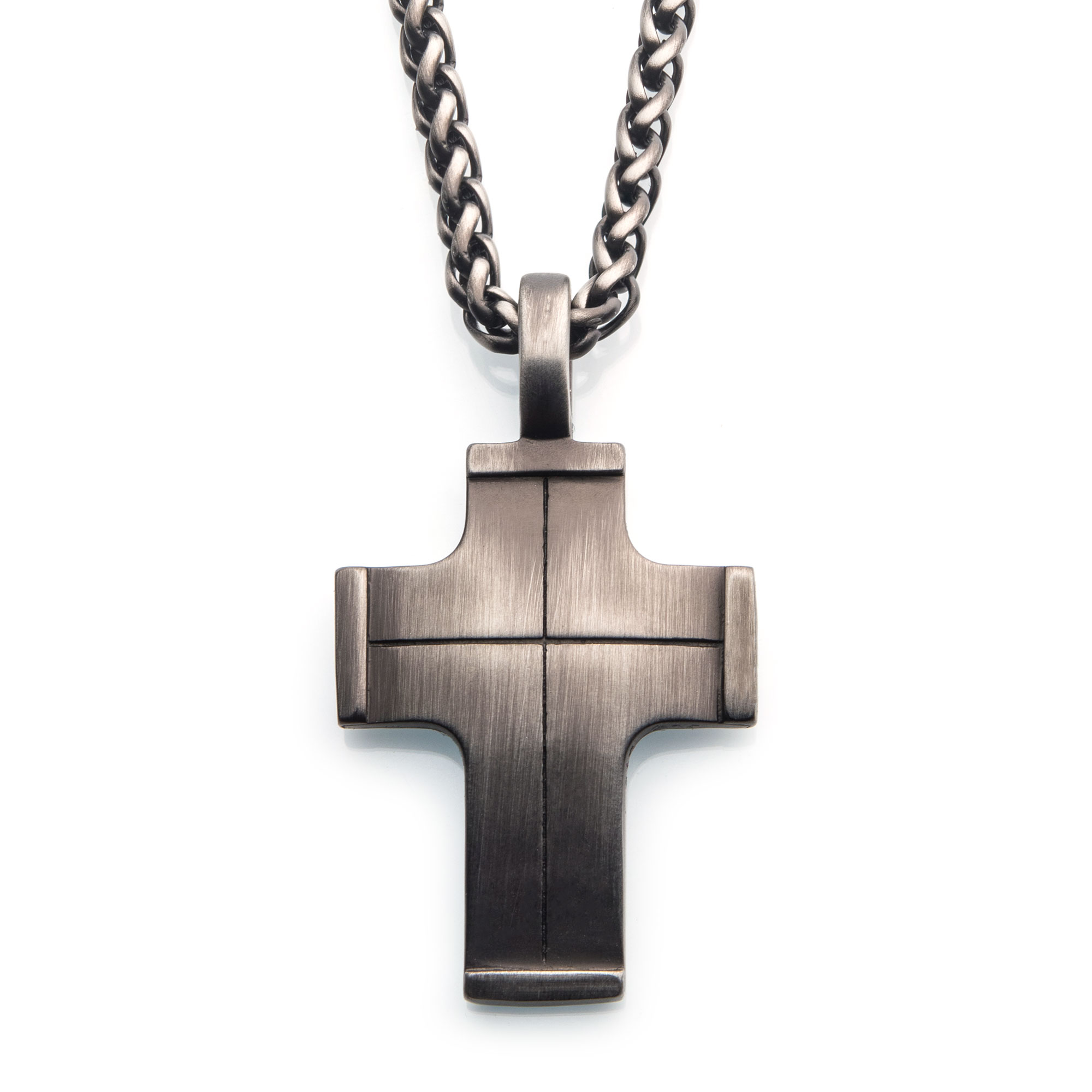 Gun Metal Plated Cross Pendant with Steel Wheat Chain Enchanted Jewelry Plainfield, CT