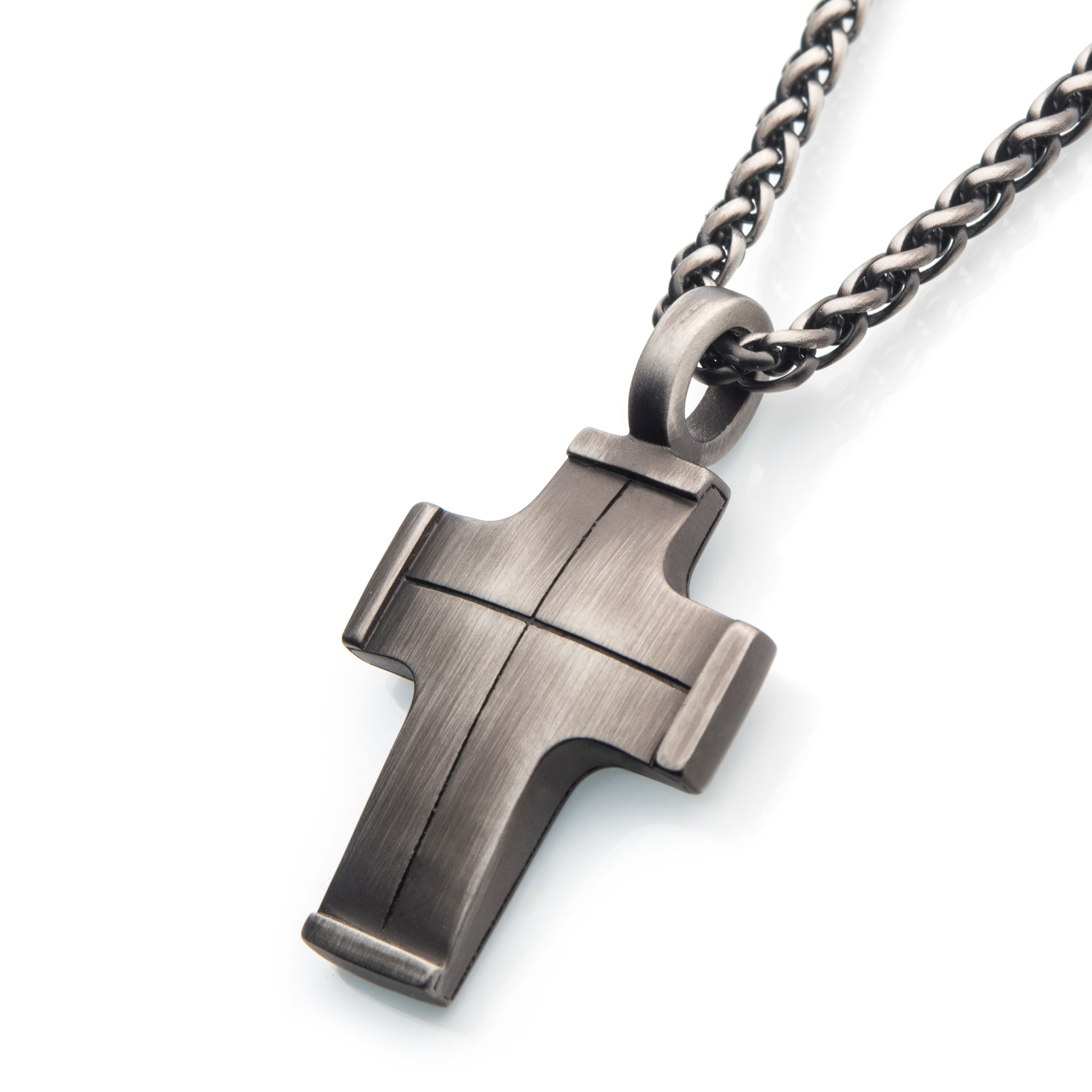 Gun Metal Plated Cross Pendant with Steel Wheat Chain Image 2 Midtown Diamonds Reno, NV