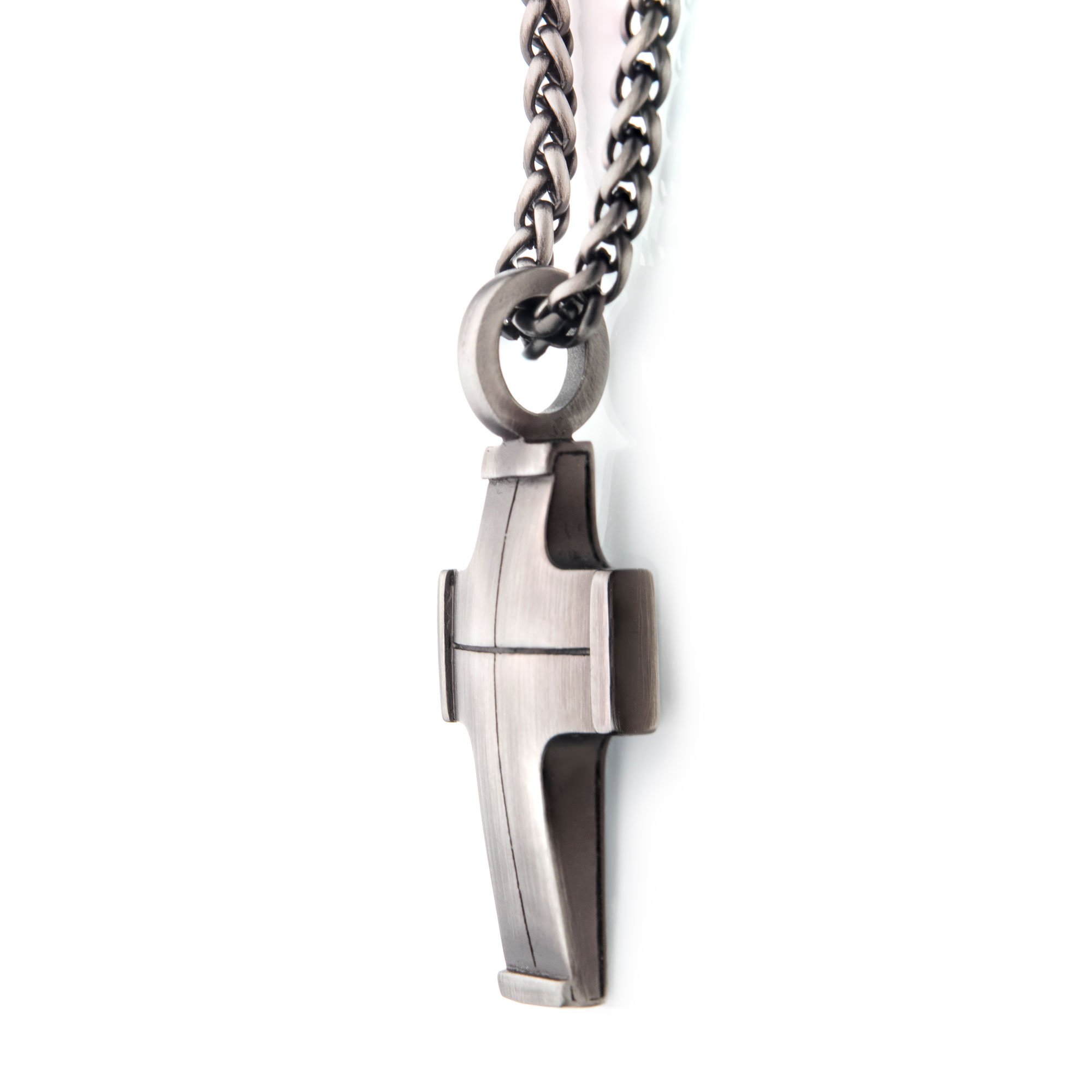 Gun Metal Plated Cross Pendant with Steel Wheat Chain Image 3 Enchanted Jewelry Plainfield, CT