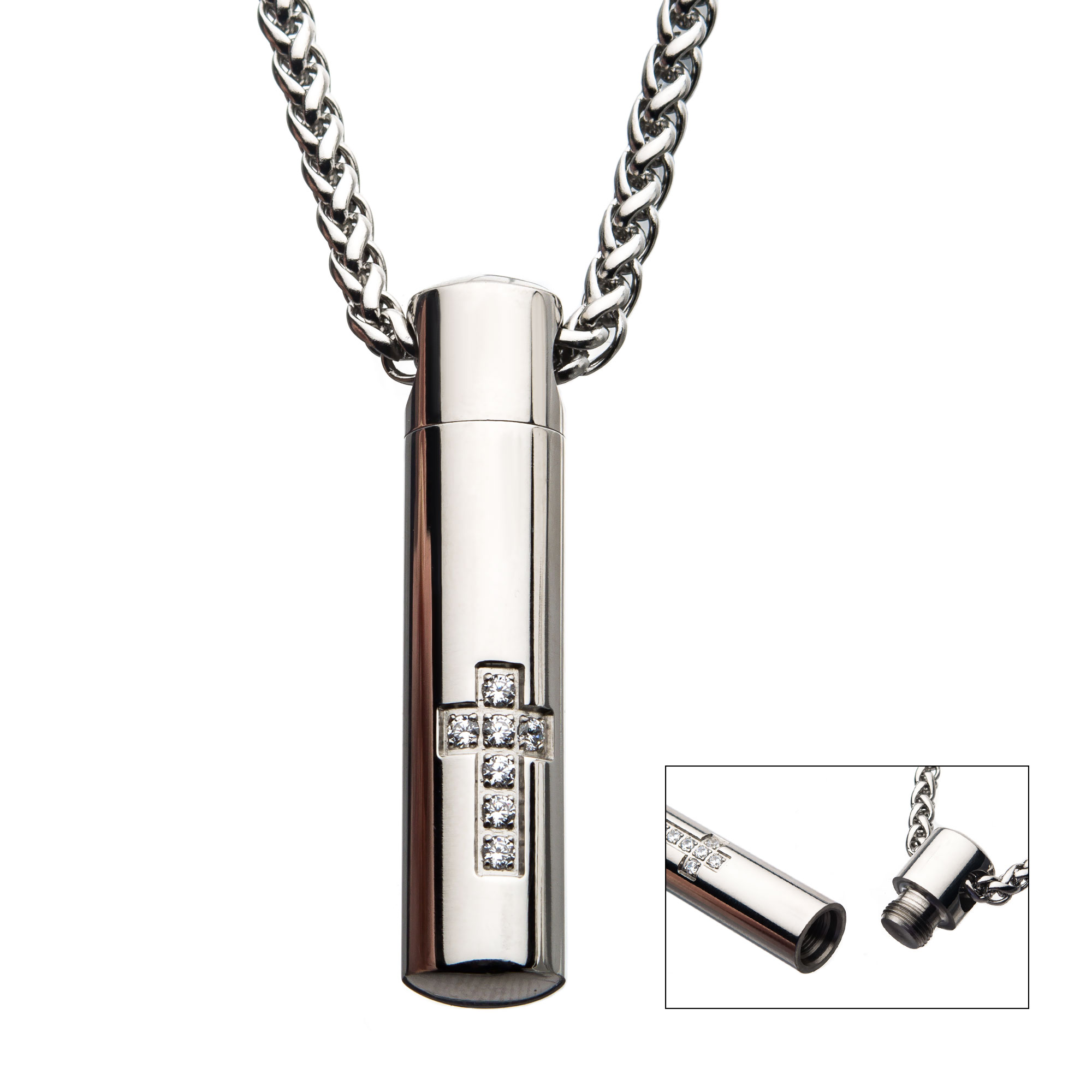 Stainless Steel Memorial Cross Pendant with Clear CZ & Steel Box Chain Jayson Jewelers Cape Girardeau, MO