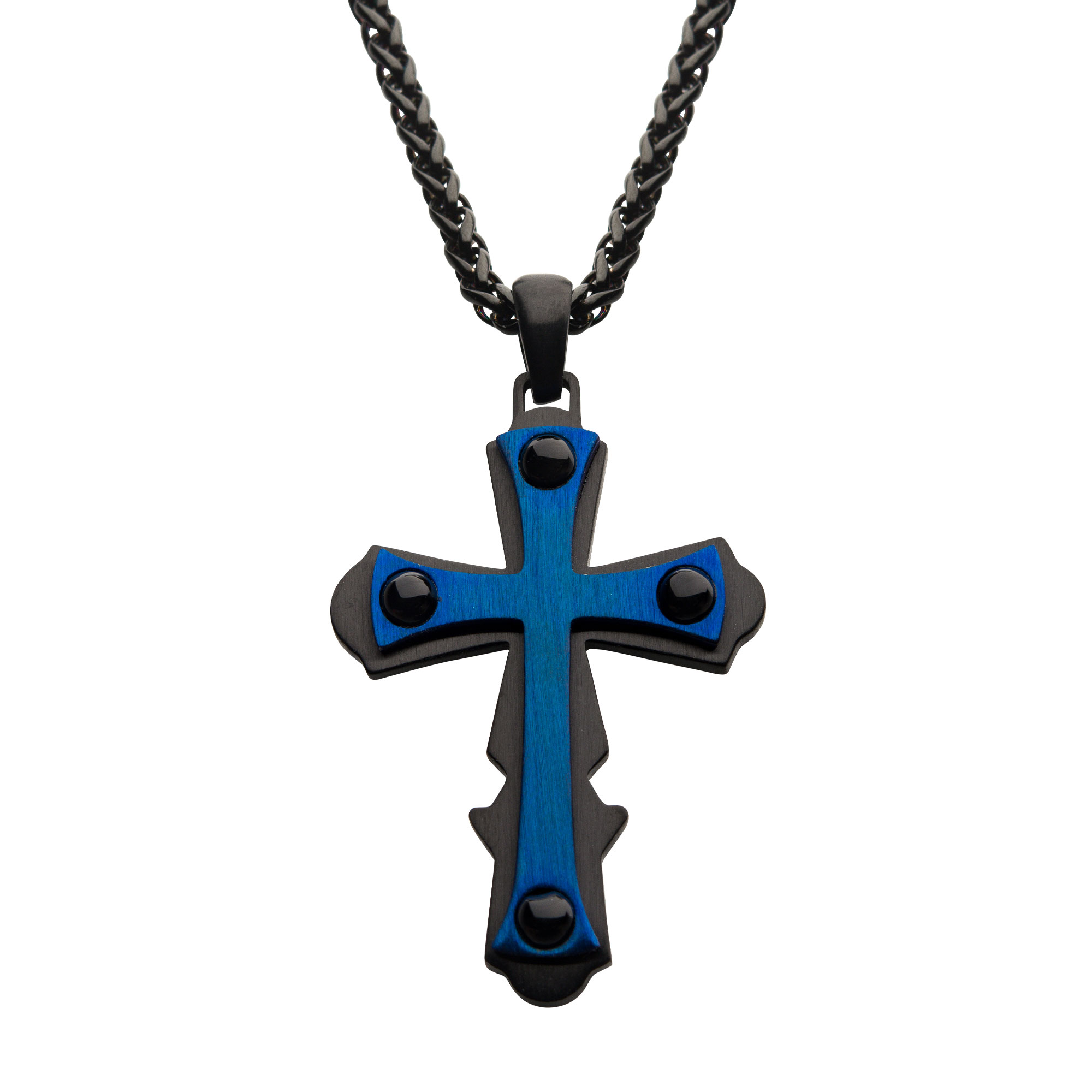 Blue Plated with Black Agate Stone Cross Pendant, with Black Plated Wheat Chain Jayson Jewelers Cape Girardeau, MO