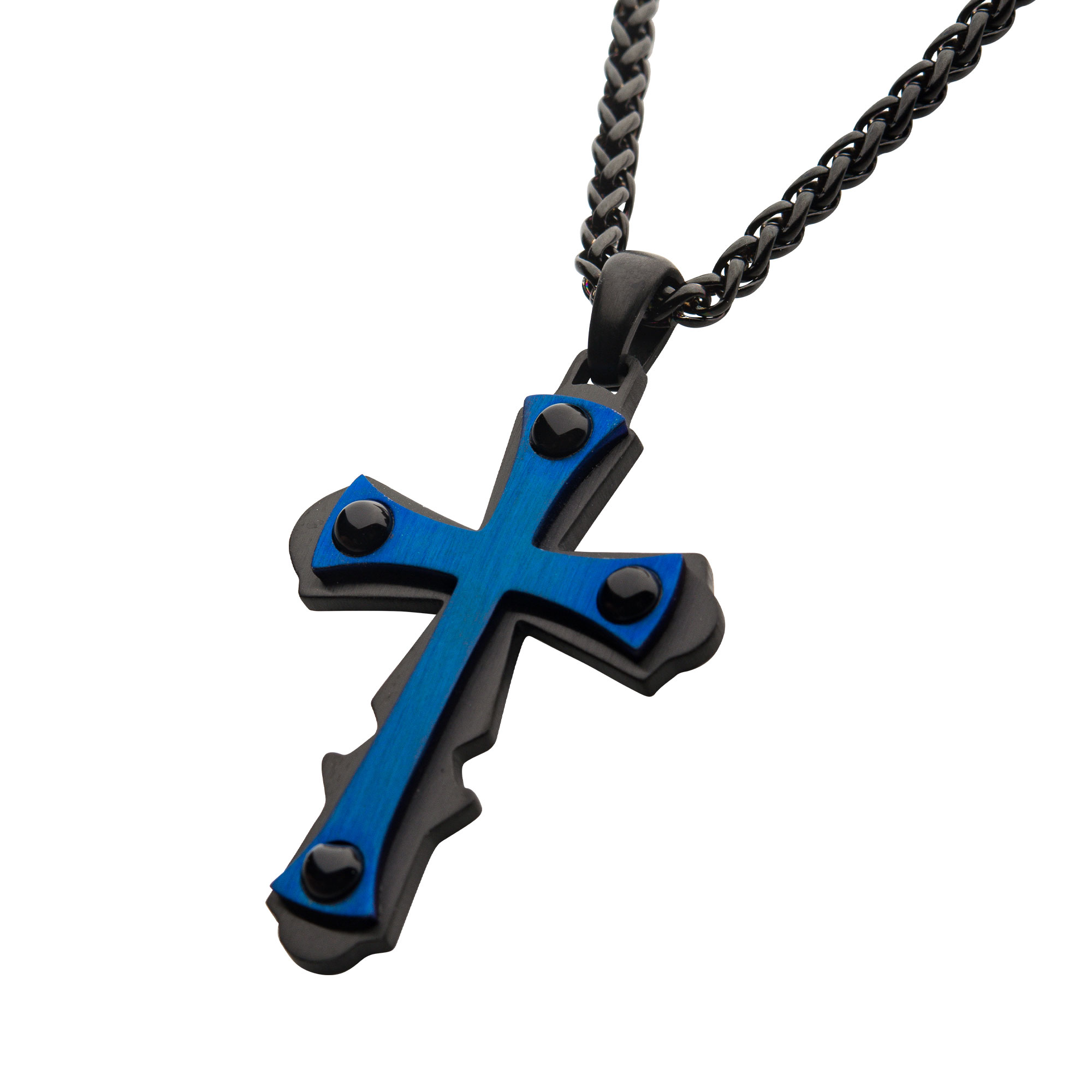 Blue Plated with Black Agate Stone Cross Pendant, with Black Plated Wheat Chain Image 2 Morin Jewelers Southbridge, MA