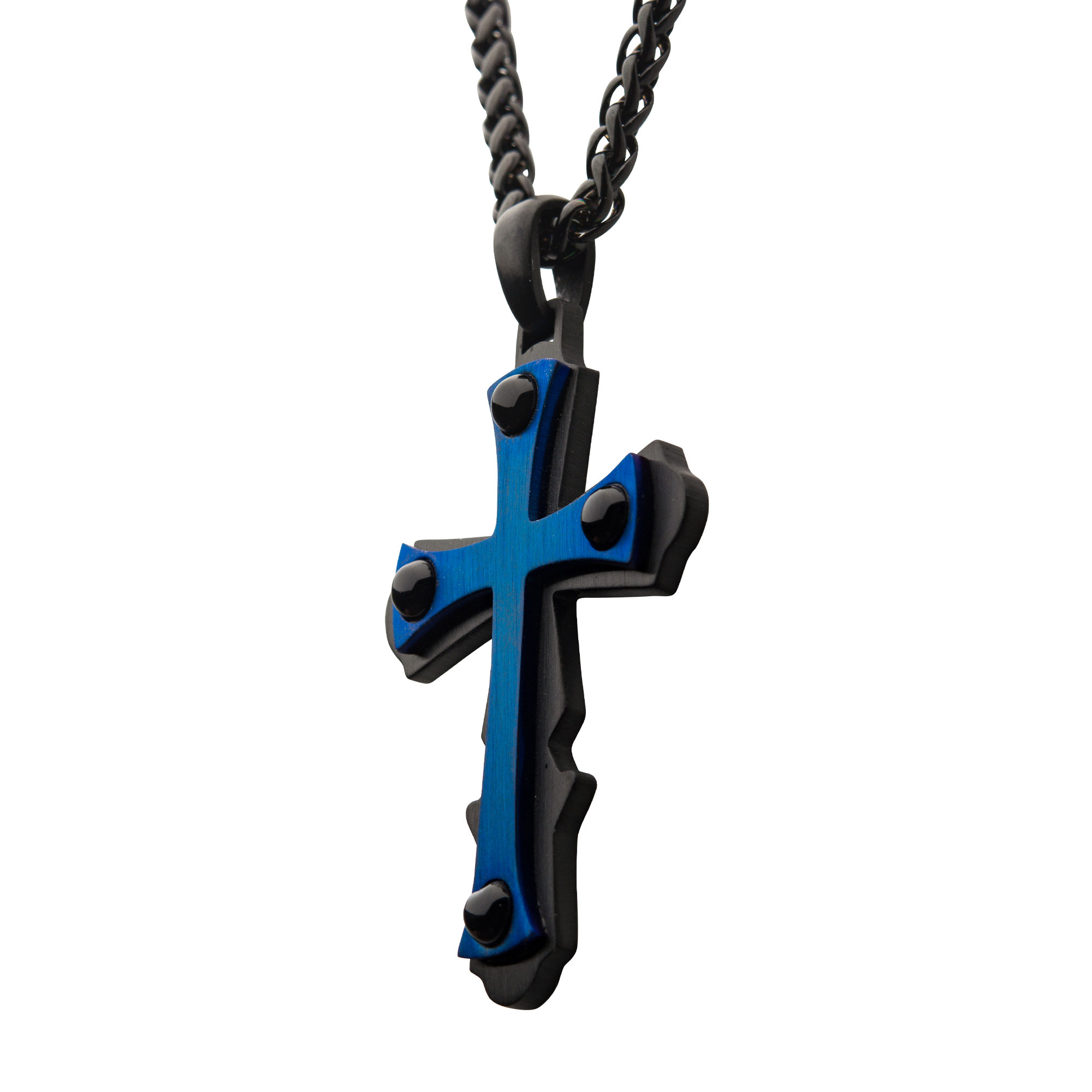 Blue Plated with Black Agate Stone Cross Pendant, with Black Plated Wheat Chain Image 3 Enchanted Jewelry Plainfield, CT