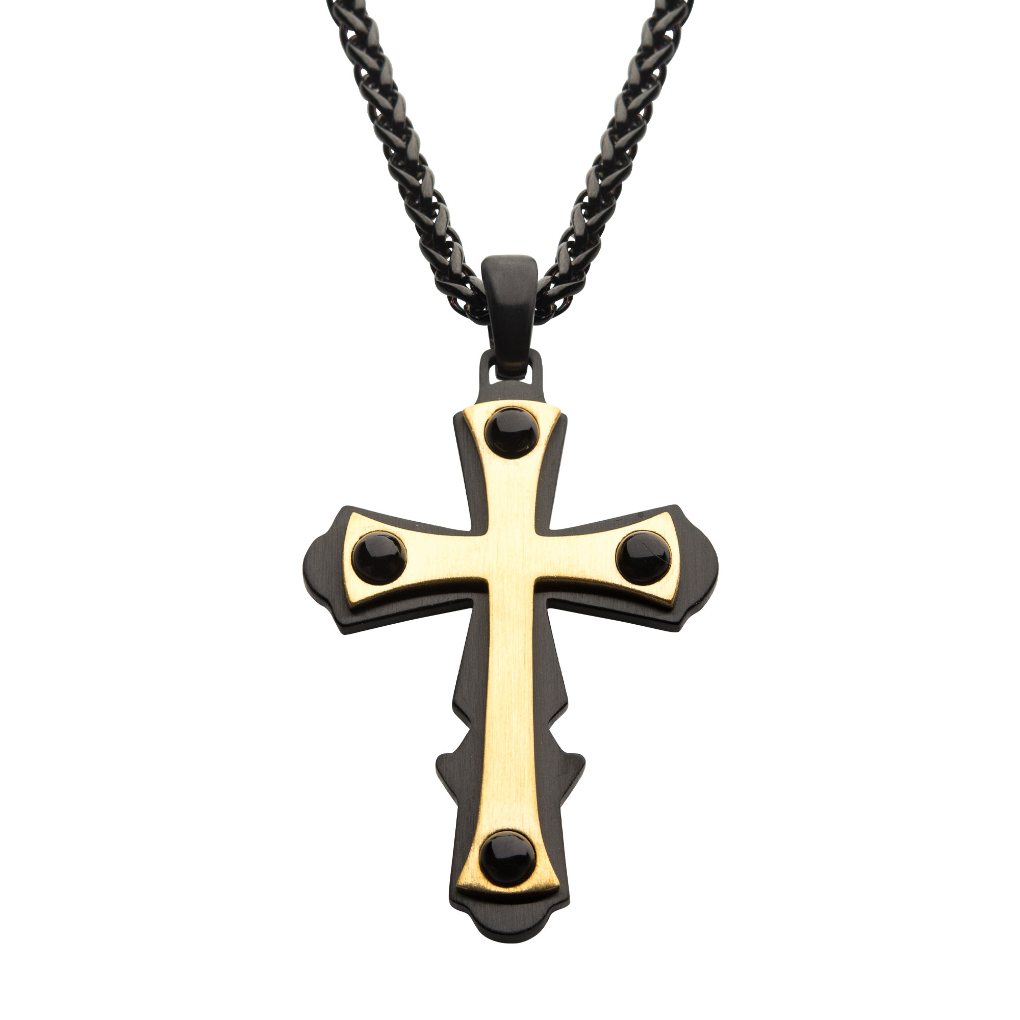 18K Gold Plated with Black Agate Stone Cross Pendant, with Black Plated Wheat Chain Jayson Jewelers Cape Girardeau, MO