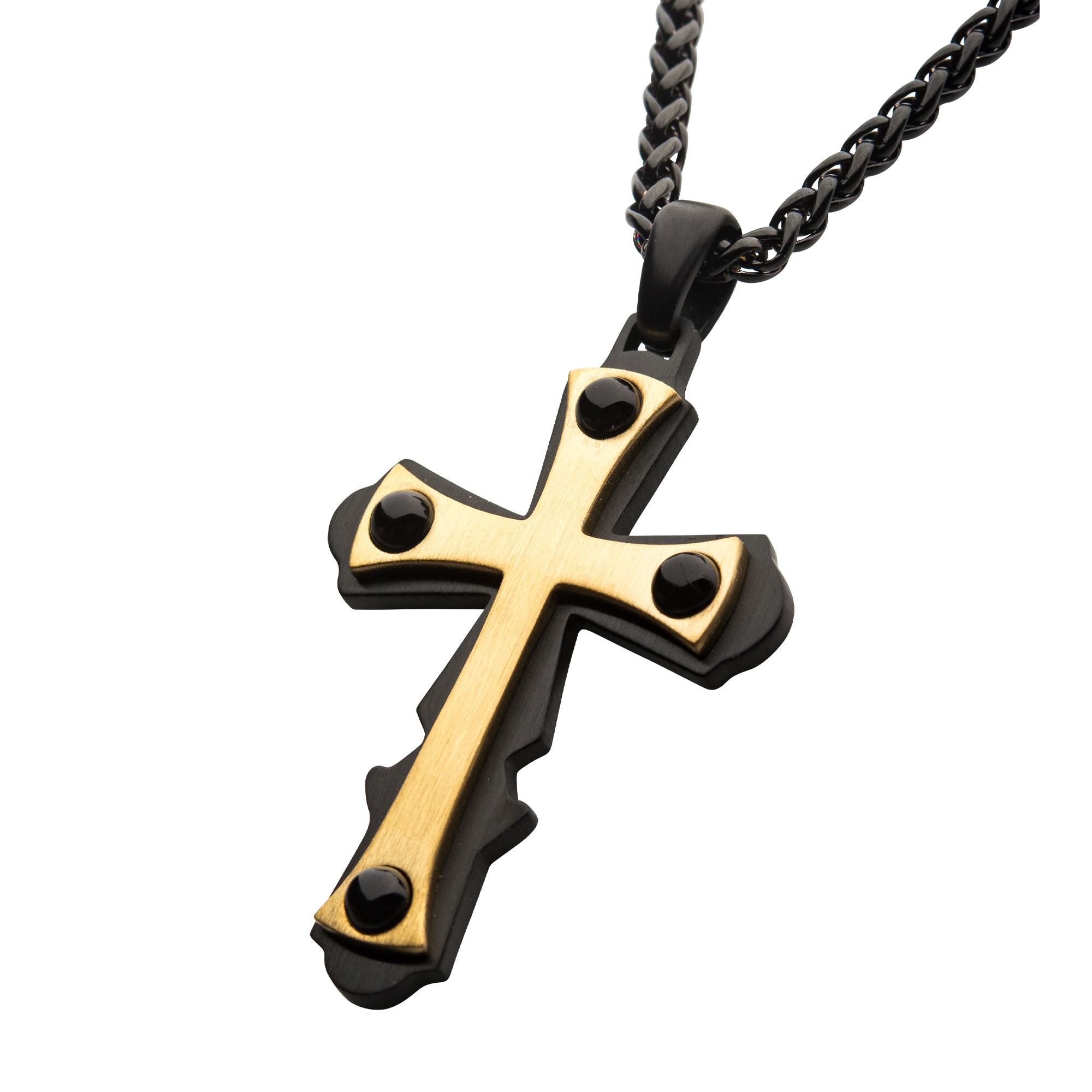 18K Gold Plated with Black Agate Stone Cross Pendant, with Black Plated Wheat Chain Image 2 Milano Jewelers Pembroke Pines, FL