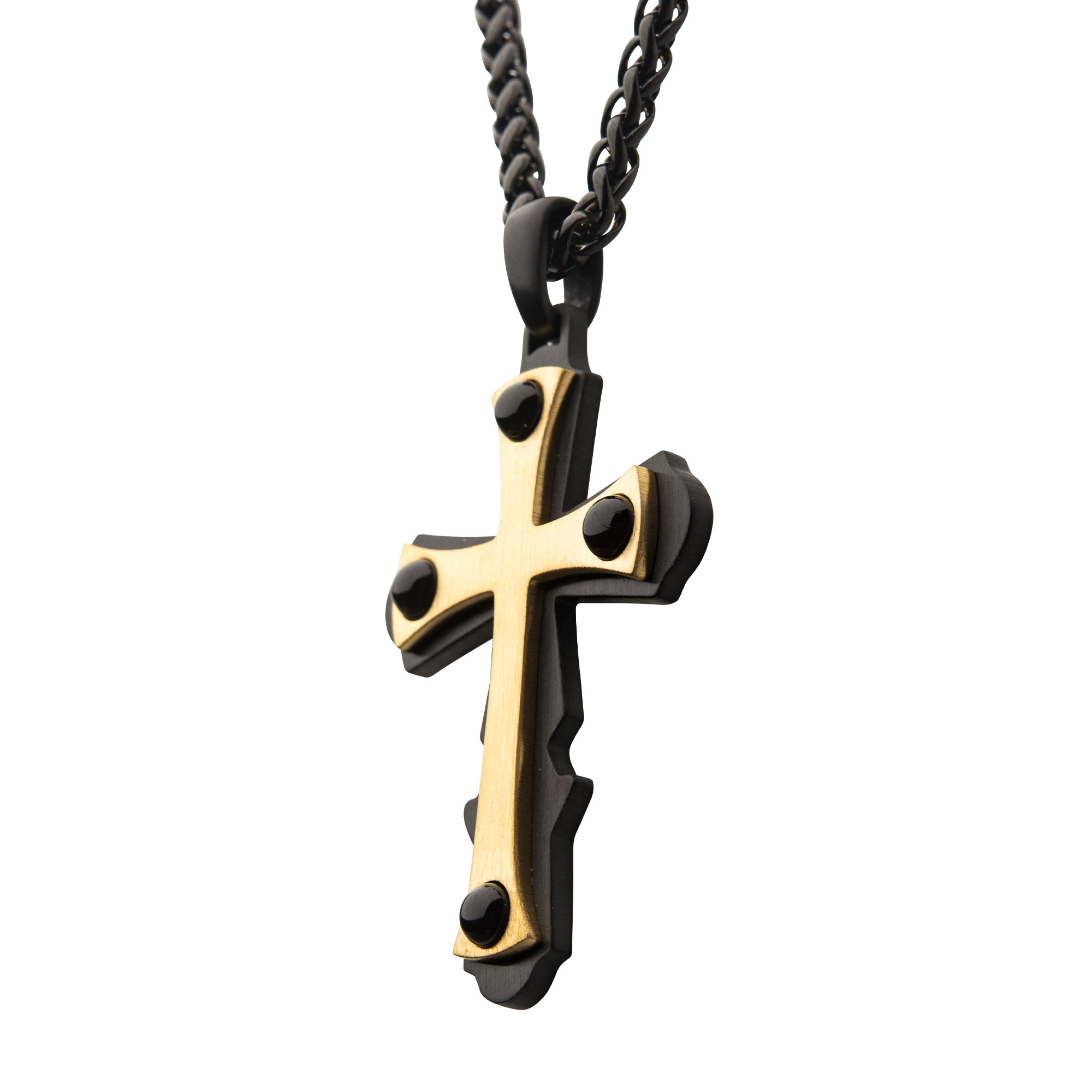 18K Gold Plated with Black Agate Stone Cross Pendant, with Black Plated Wheat Chain Image 3 Milano Jewelers Pembroke Pines, FL