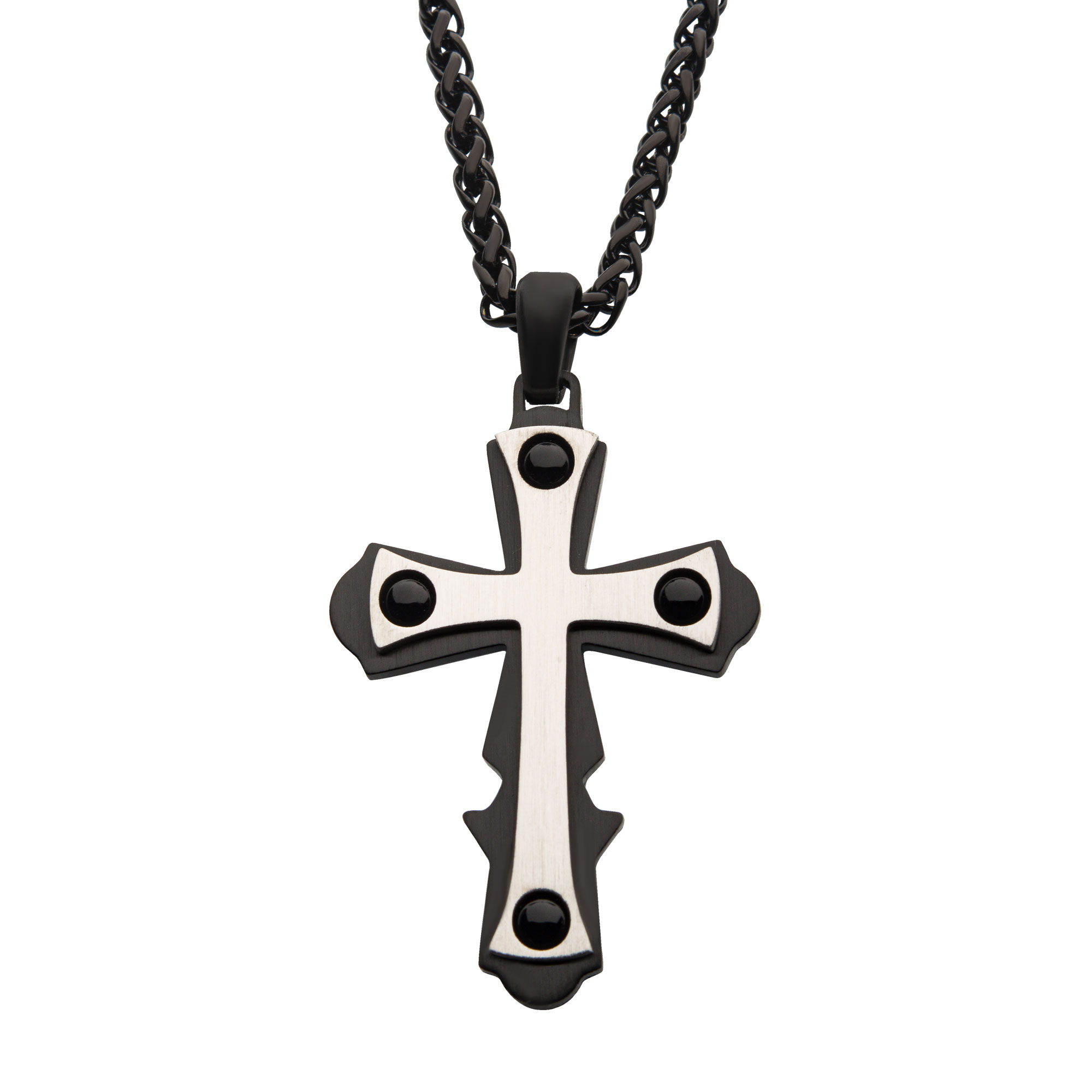 Steel with Black Agate Stone Cross Pendant, with Black Plated Wheat Chain Ken Walker Jewelers Gig Harbor, WA