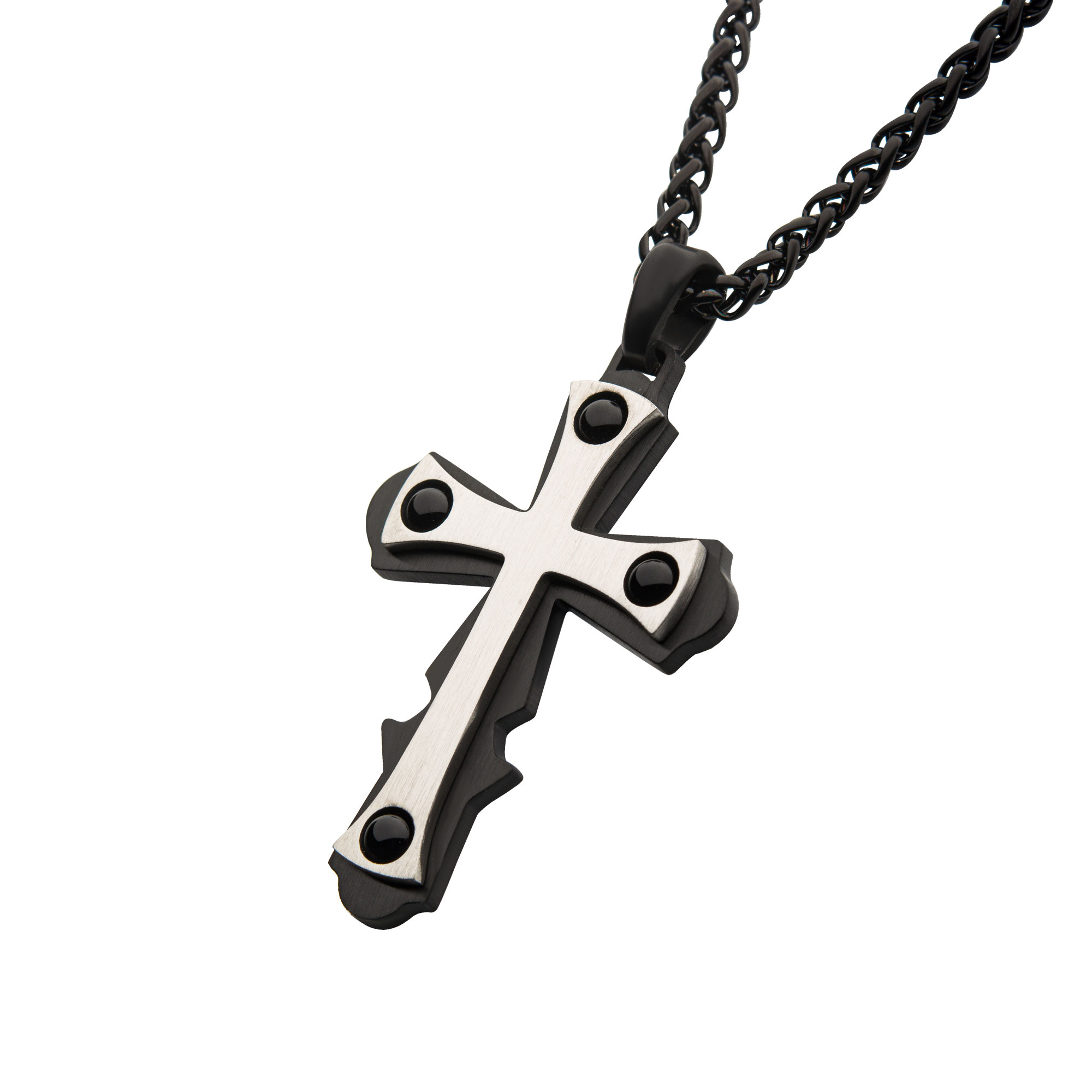Steel with Black Agate Stone Cross Pendant, with Black Plated Wheat Chain Image 2 Morin Jewelers Southbridge, MA