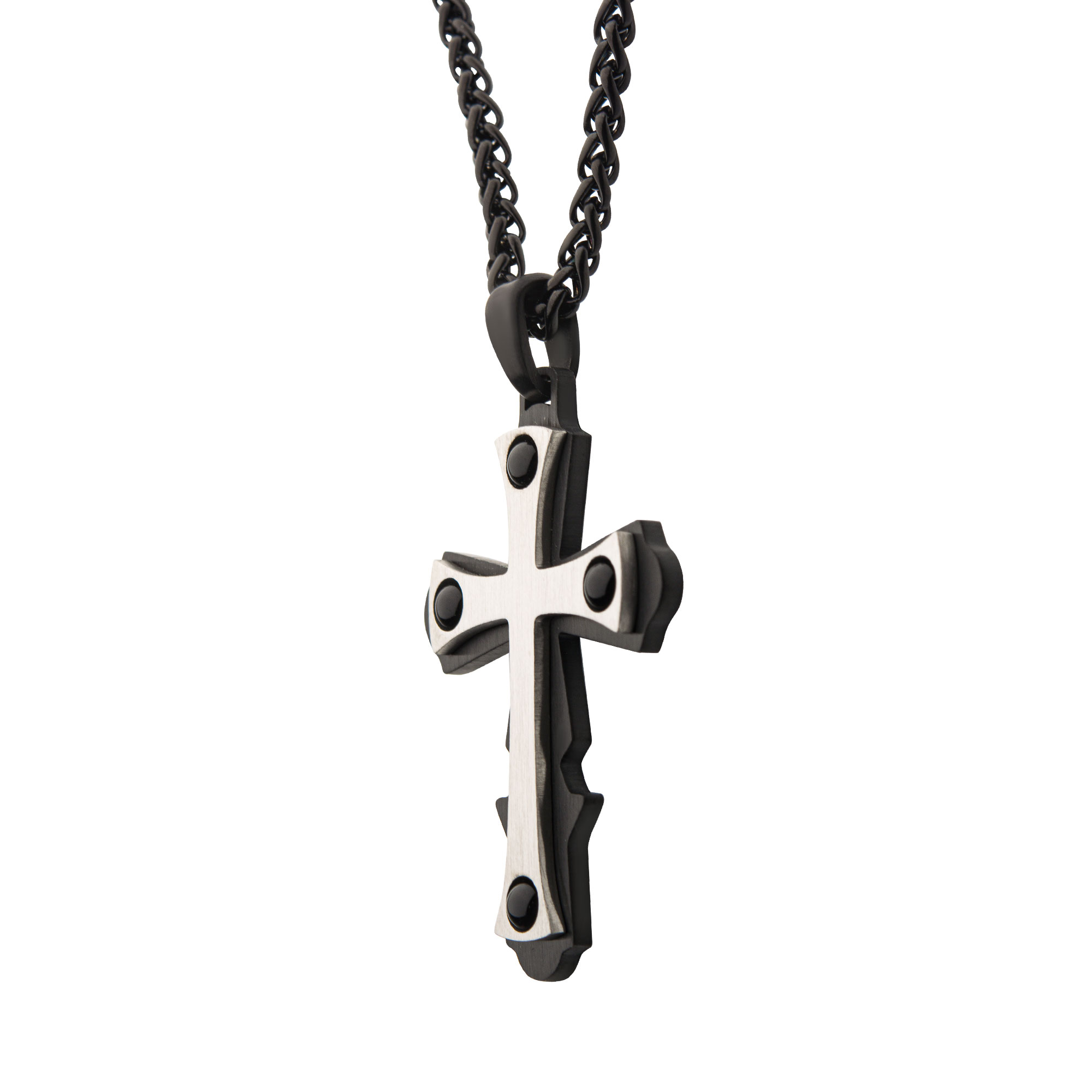 Steel with Black Agate Stone Cross Pendant, with Black Plated Wheat Chain Image 3 Midtown Diamonds Reno, NV