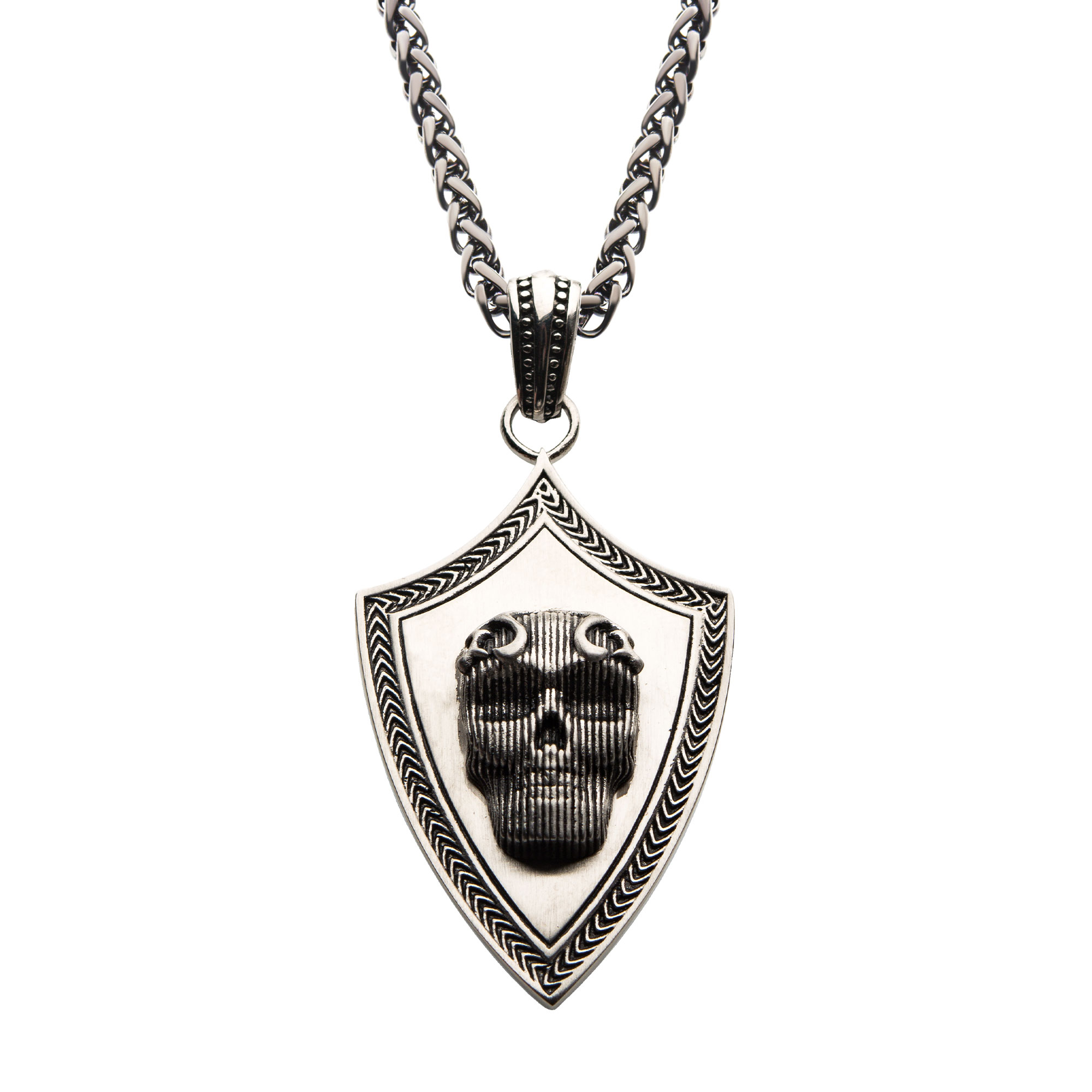 Black Oxidized Matte Finish Steel 3D Skull Pendant with Black Oxidized Wheat Chain Morin Jewelers Southbridge, MA