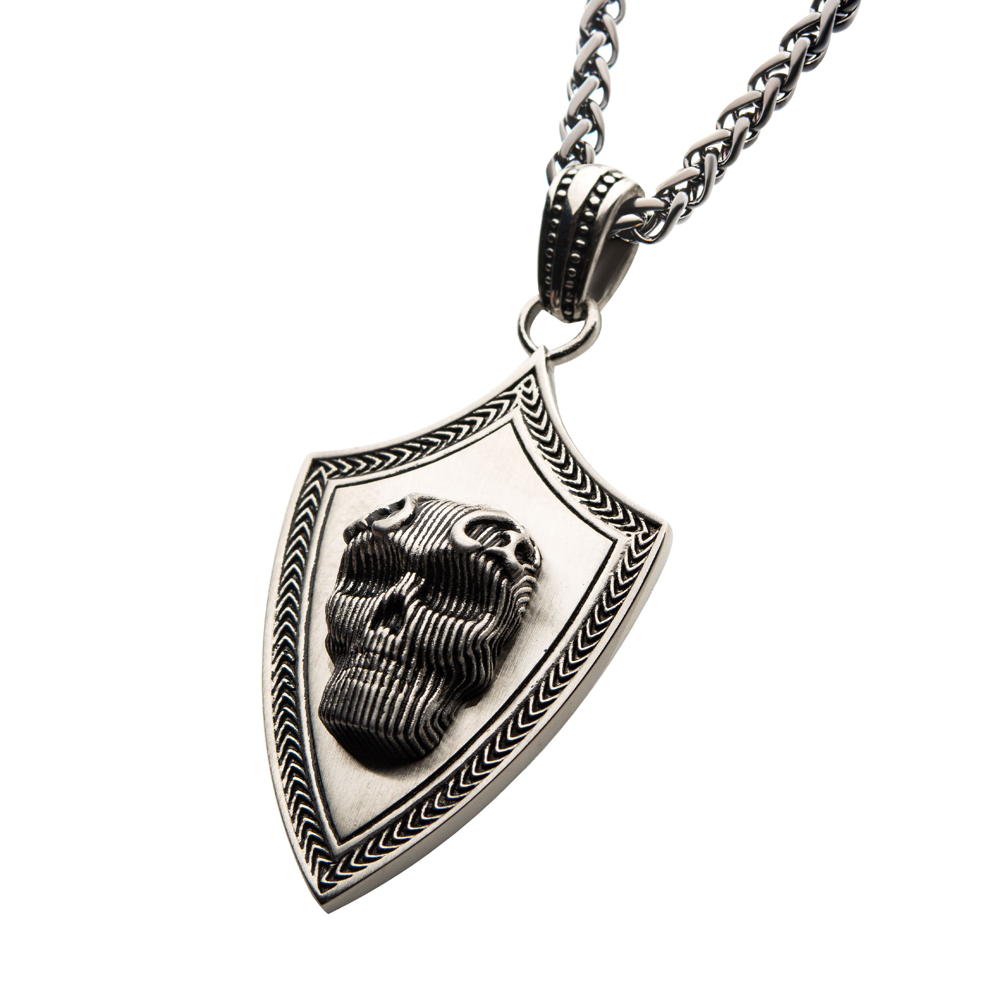 Black Oxidized Matte Finish Steel 3D Skull Pendant with Black Oxidized Wheat Chain Image 2 Enchanted Jewelry Plainfield, CT