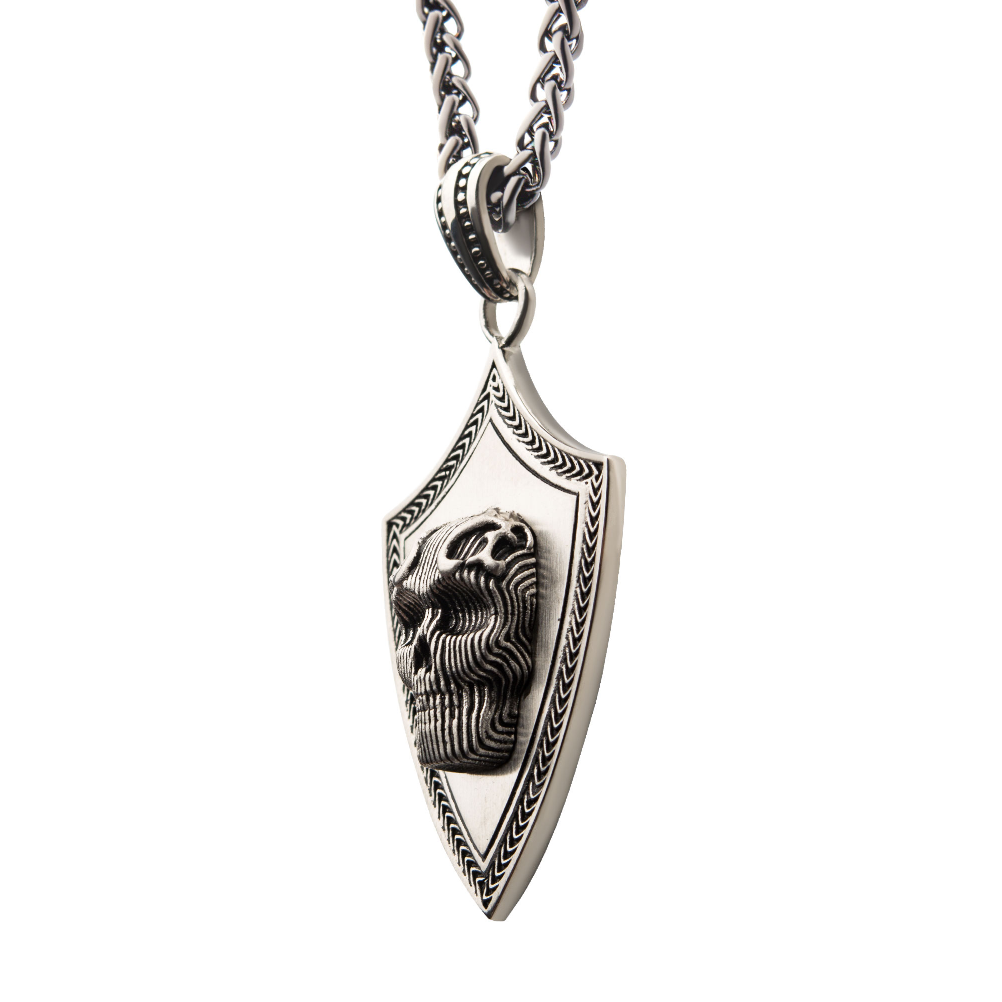 Black Oxidized Matte Finish Steel 3D Skull Pendant with Black Oxidized Wheat Chain Image 3 Enchanted Jewelry Plainfield, CT