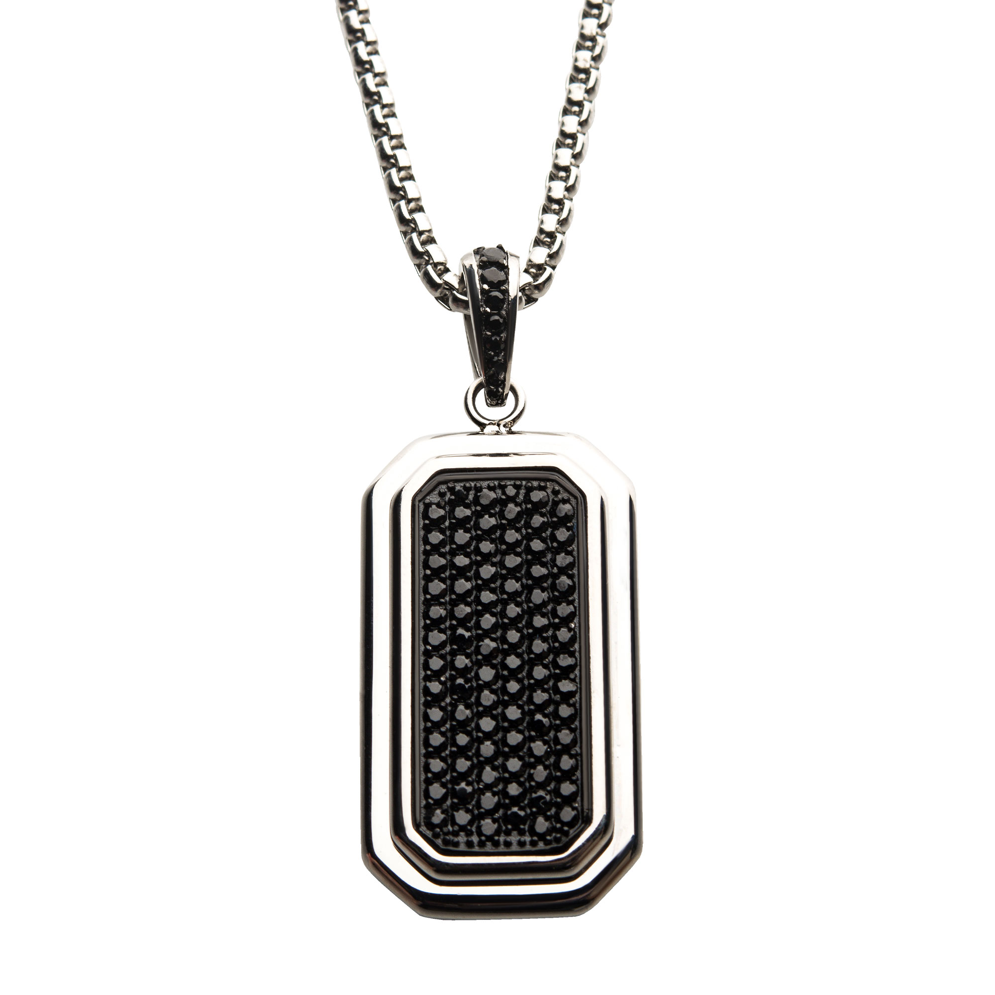 Stainless Steel Dog Tag Pendant with Black CZ Inlay, with Steel Box Chain Mueller Jewelers Chisago City, MN