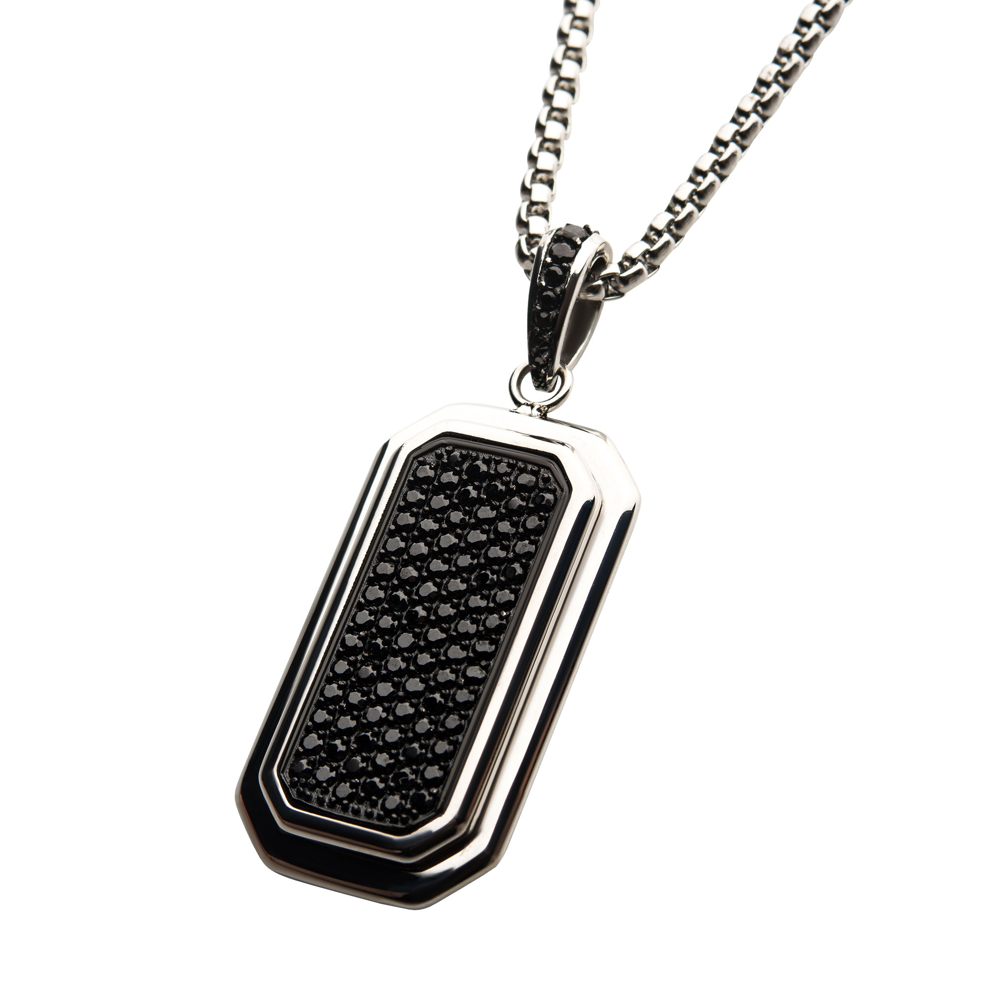 Stainless Steel Dog Tag Pendant with Black CZ Inlay, with Steel Box Chain Image 2 Thurber's Fine Jewelry Wadsworth, OH