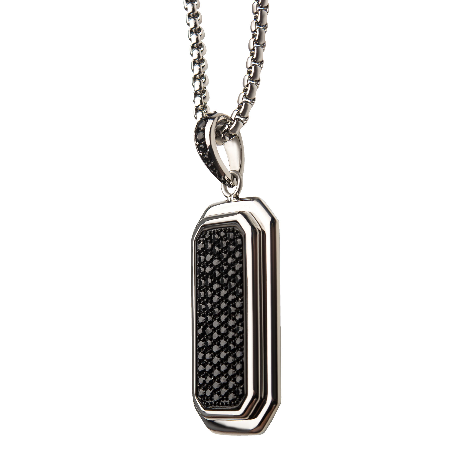 Stainless Steel Dog Tag Pendant with Black CZ Inlay, with Steel Box Chain Image 3 Morin Jewelers Southbridge, MA