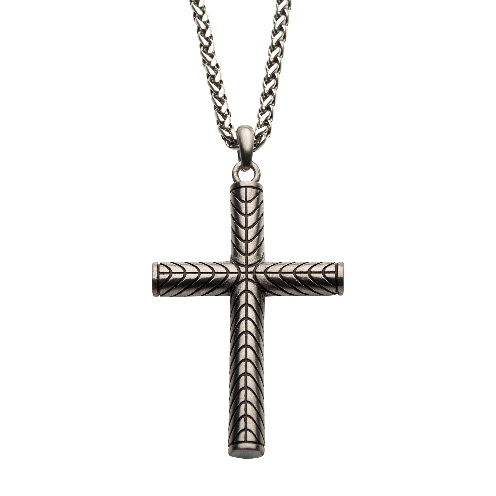 Steel Geometric Pattern Cross Pendant with Steel Wheat Chain Enchanted Jewelry Plainfield, CT